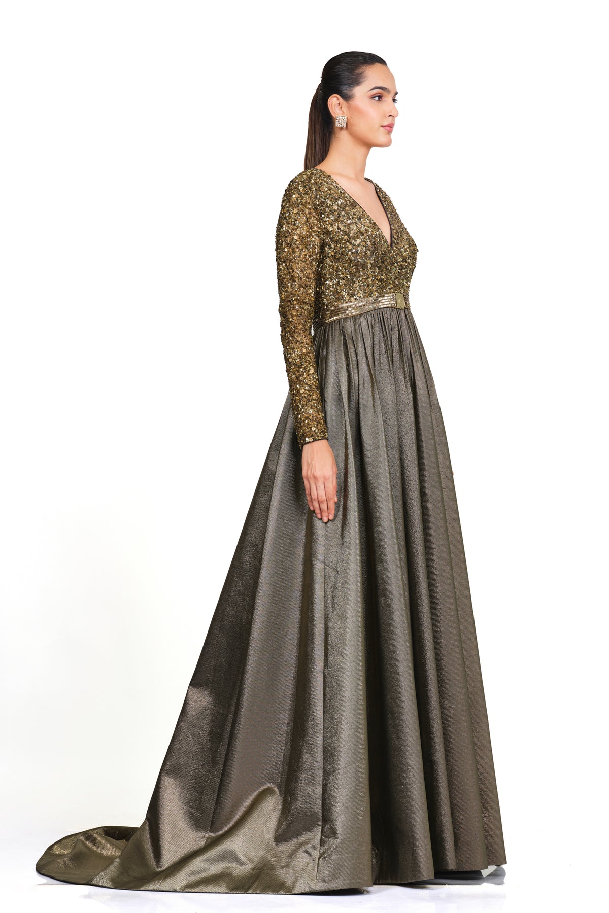 Gold Full Sleeve Gown With V Neck