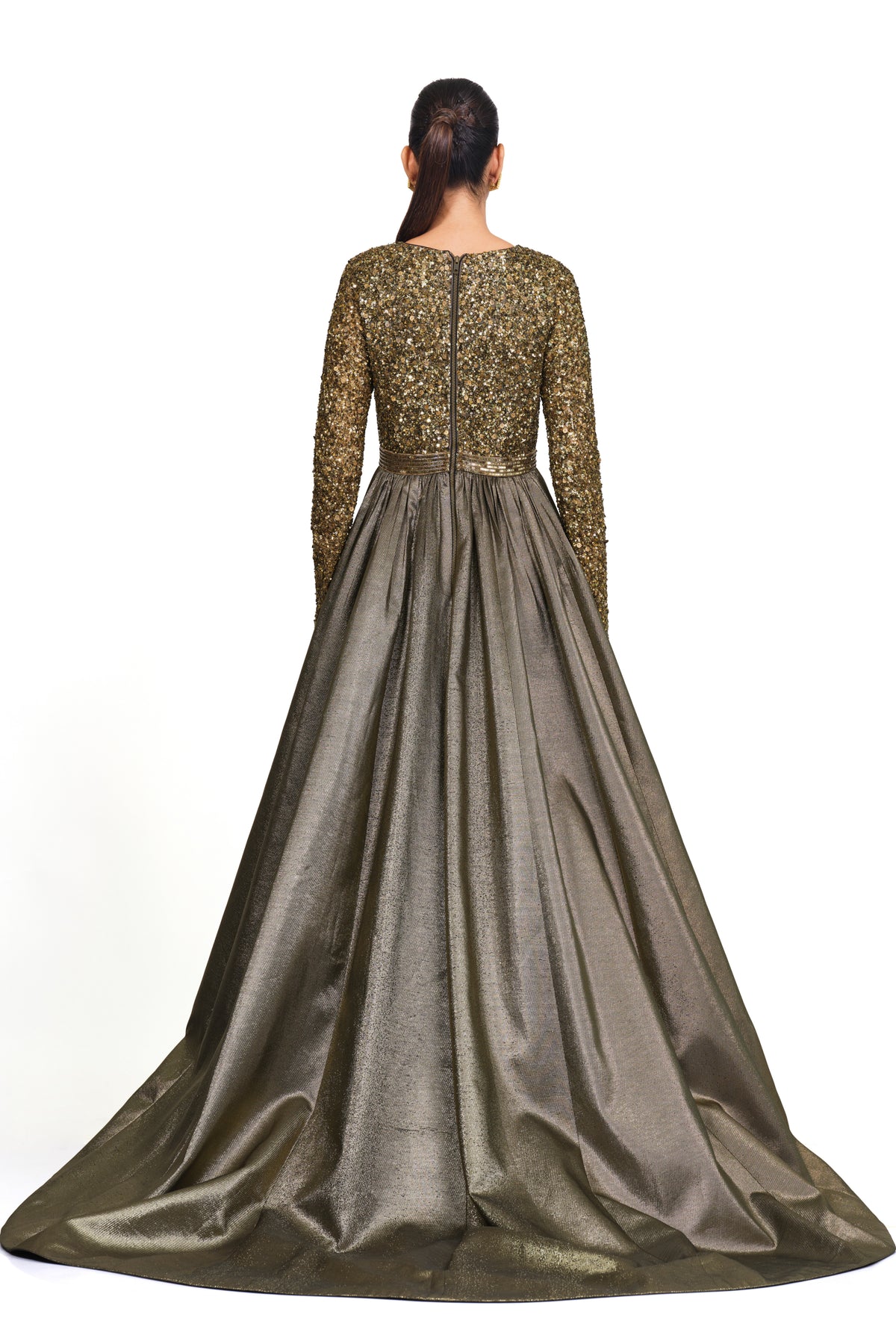 Gold Full Sleeve Gown With V Neck