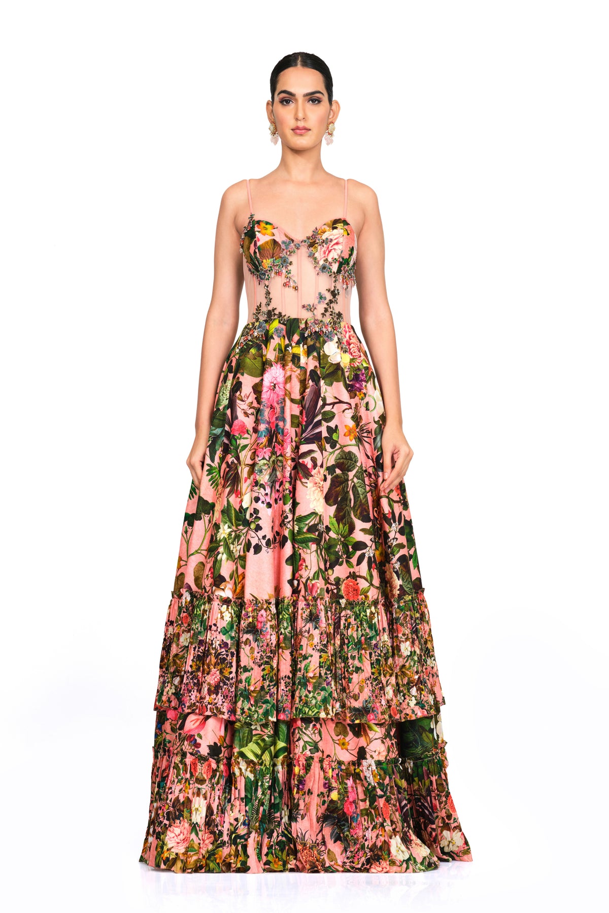 Printed Corset Gown With Applique Work