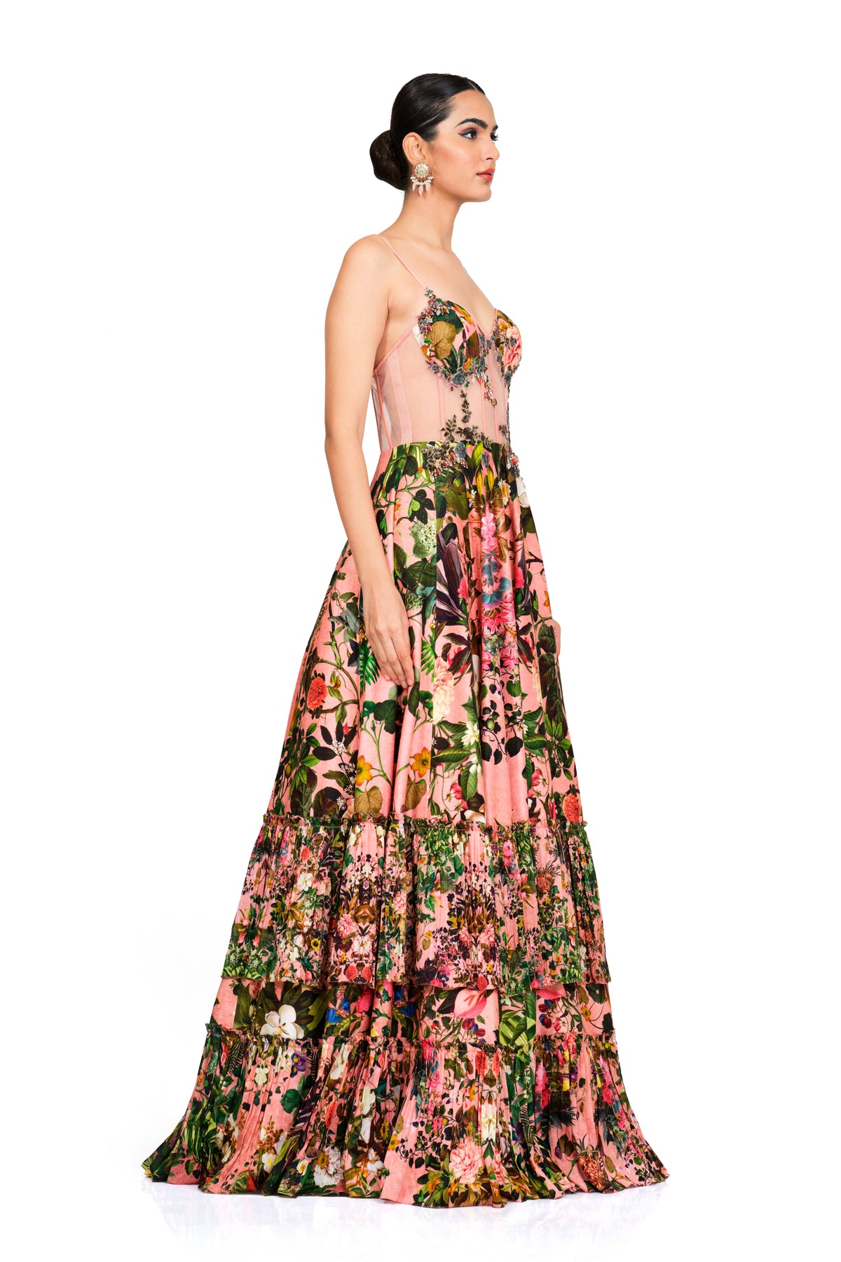 Printed Corset Gown With Applique Work