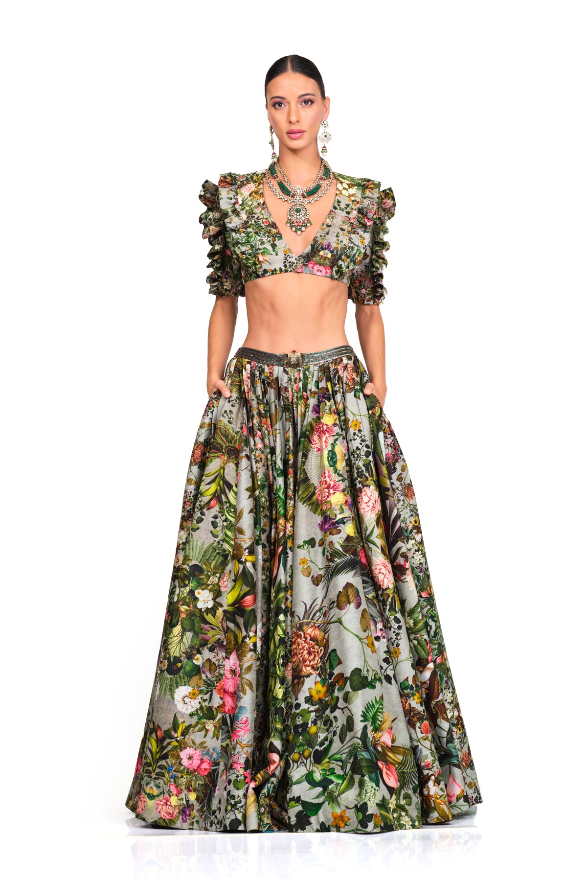 Printed Ruffle Blouse And Lehenga