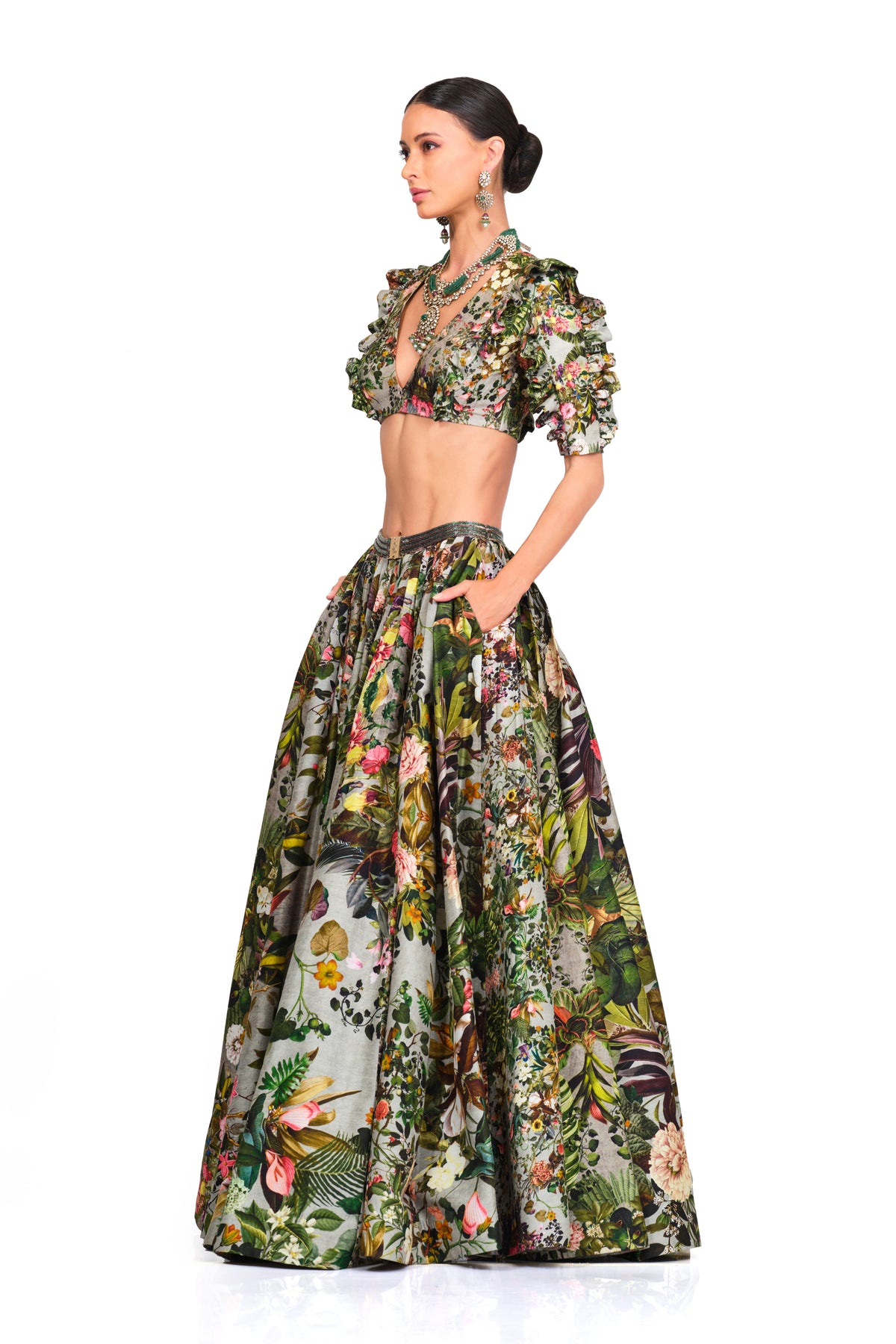 Printed Ruffle Blouse And Lehenga