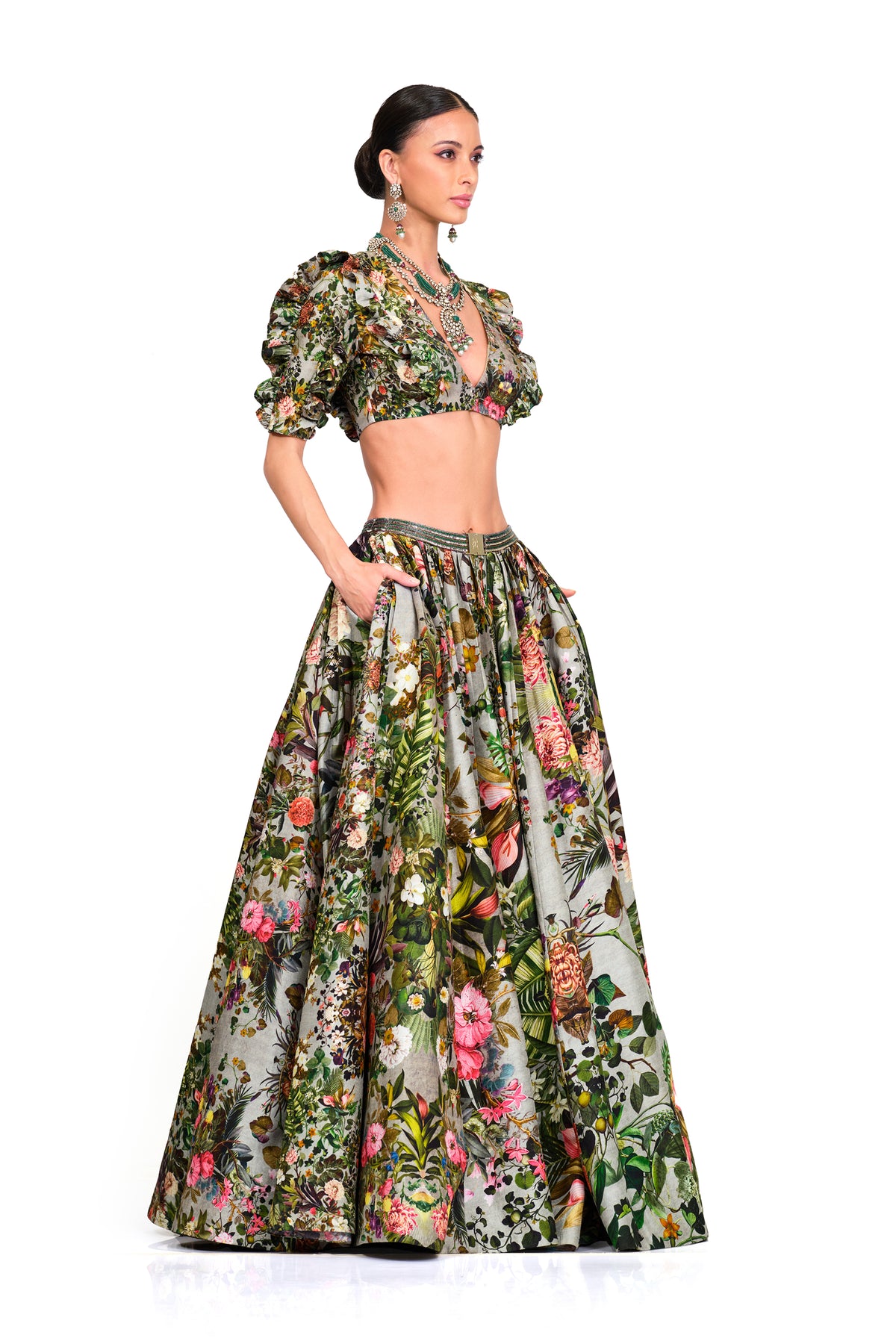 Printed Ruffle Blouse And Lehenga