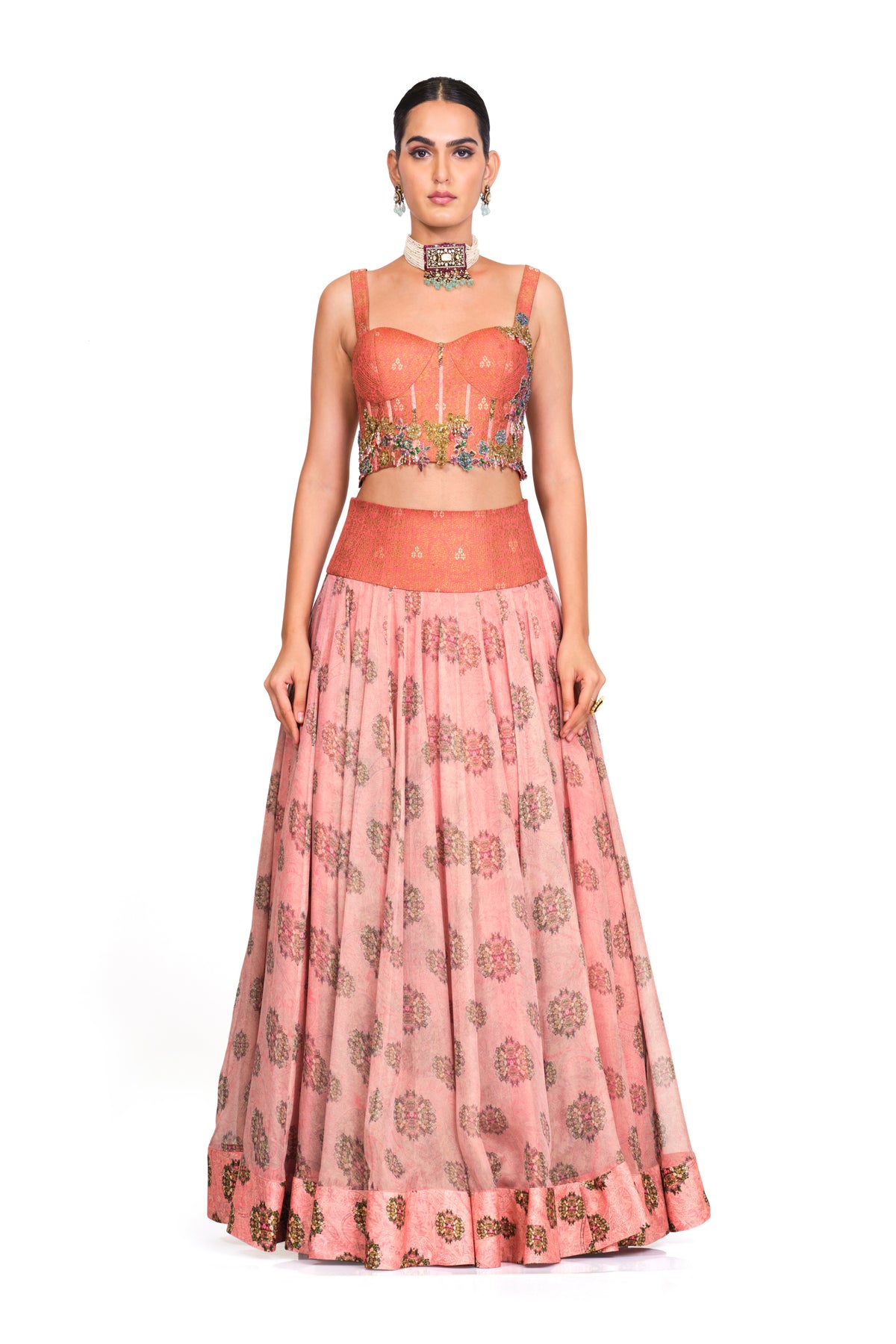 Pink Lehenga With Brocade Corset Top