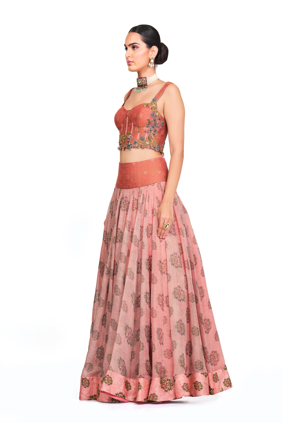 Pink Lehenga With Brocade Corset Top