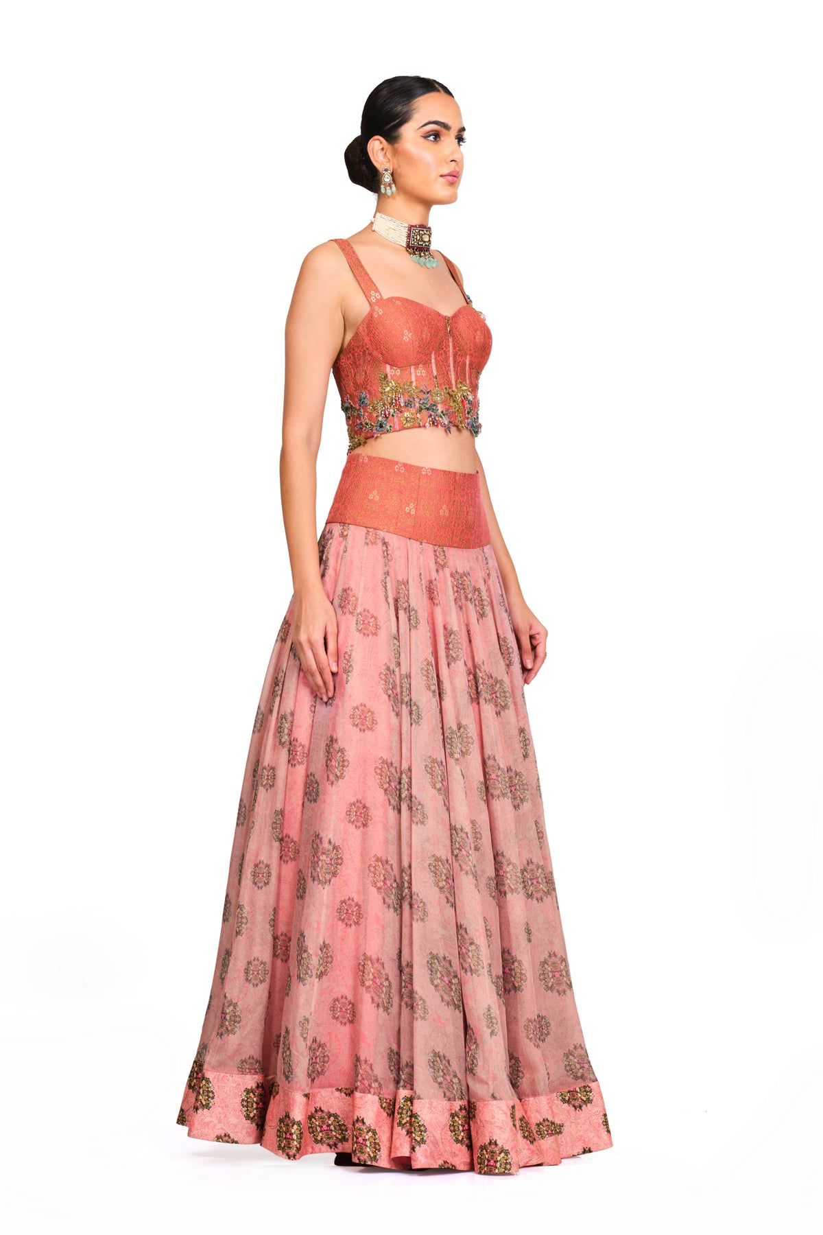 Pink Lehenga With Brocade Corset Top