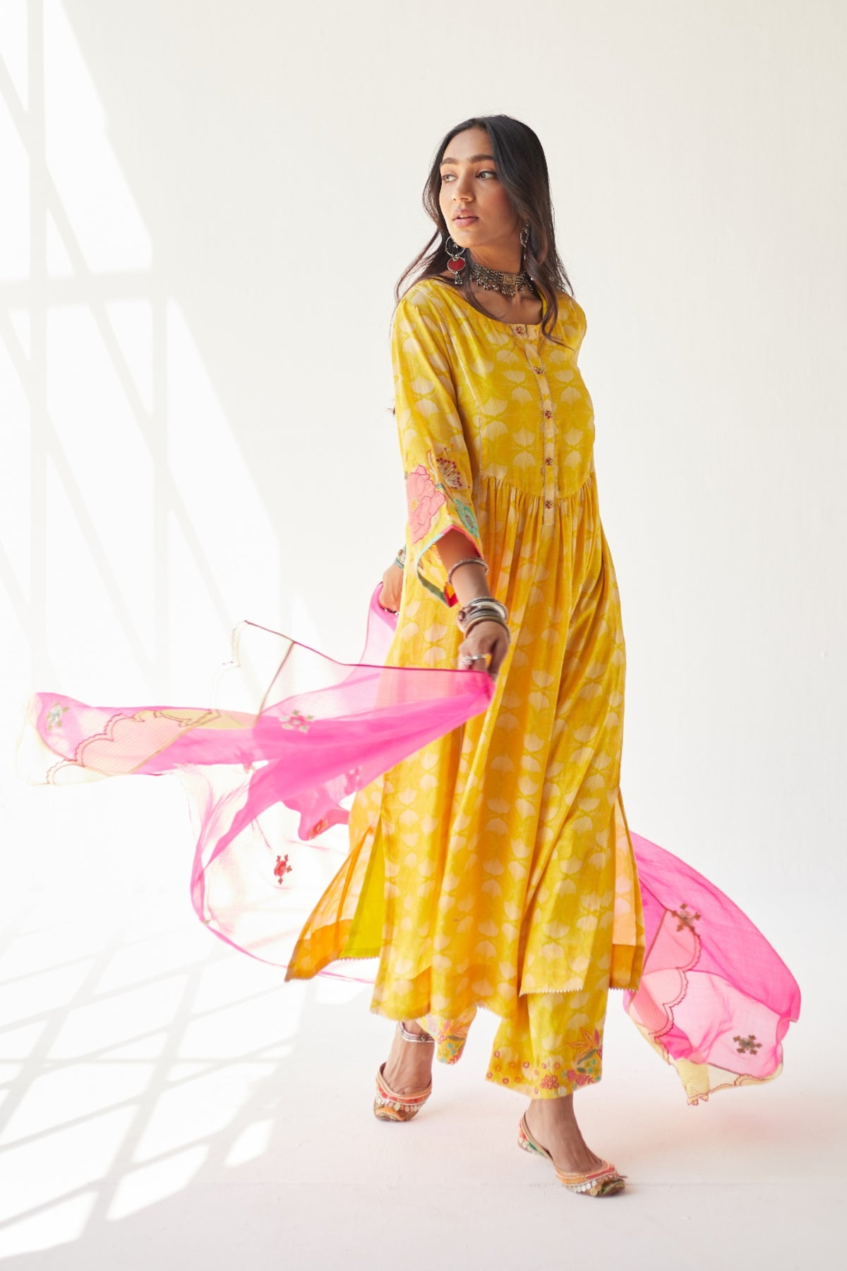 Yellow Front Puckering Kurta Set