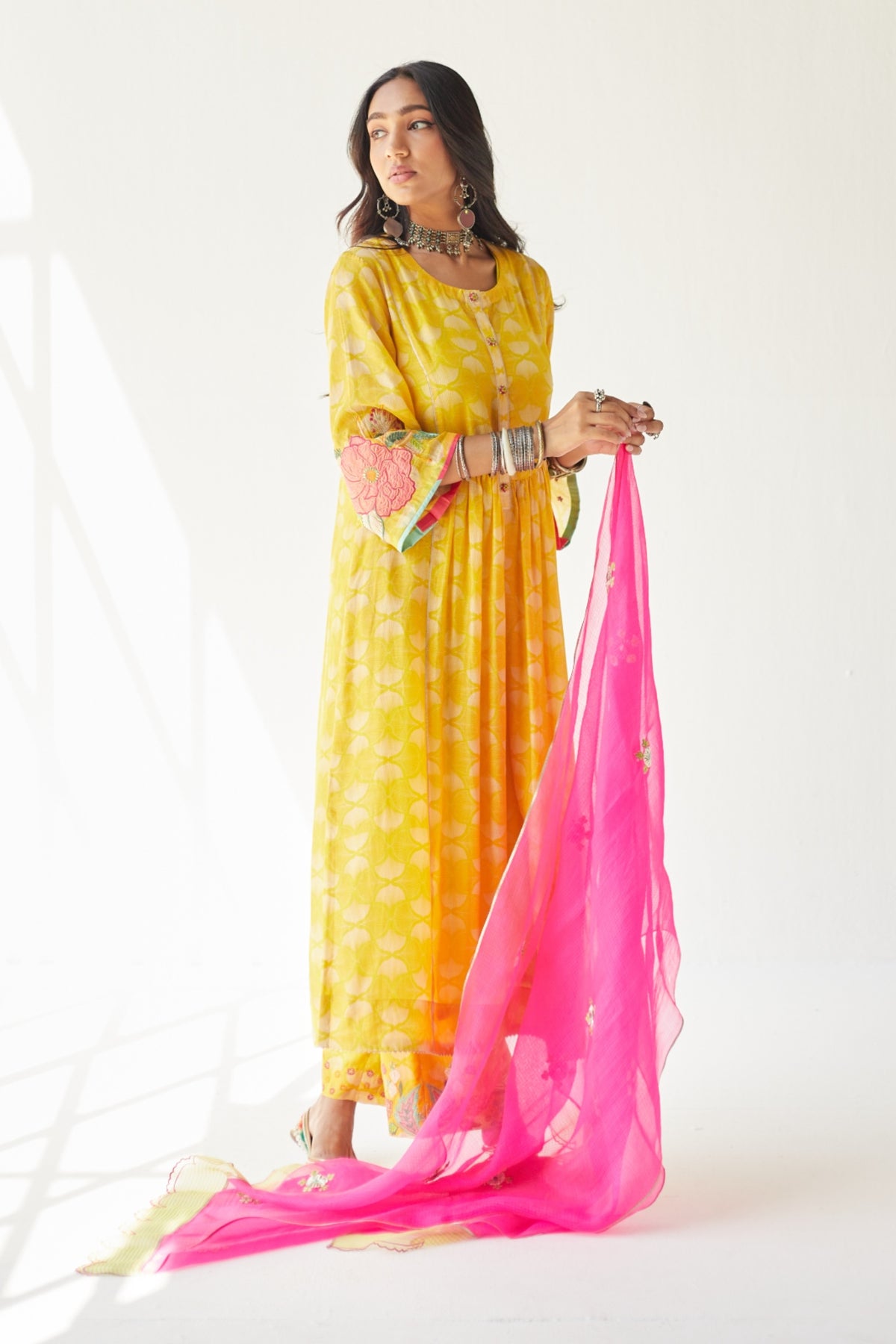 Yellow Front Puckering Kurta Set