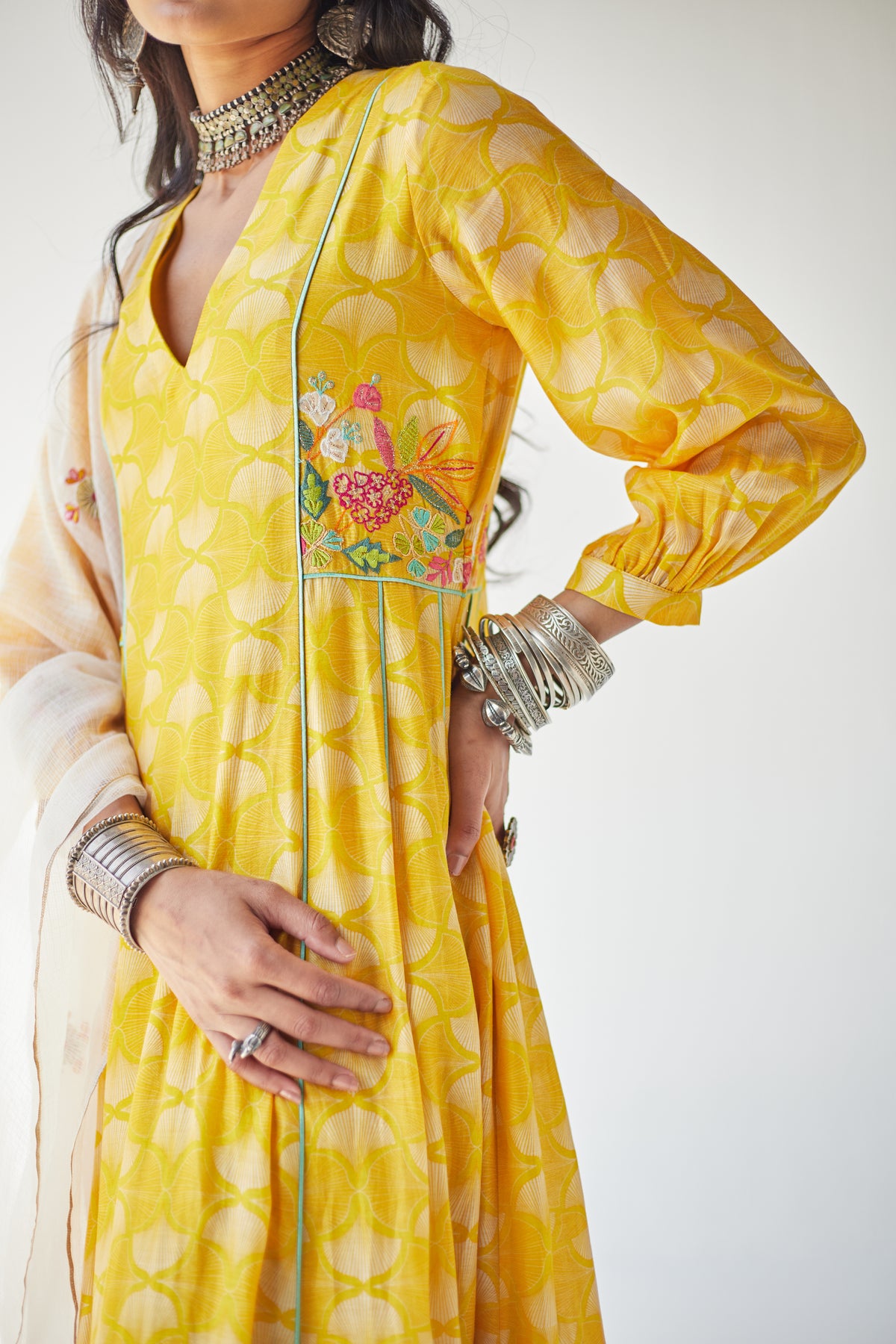 Yellow Side Kali Kurta Set