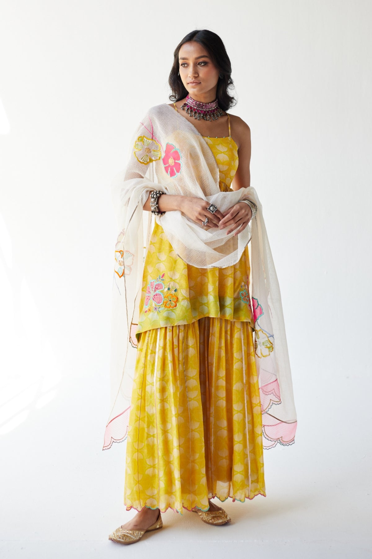 Yellow puckering kurta gharara set
