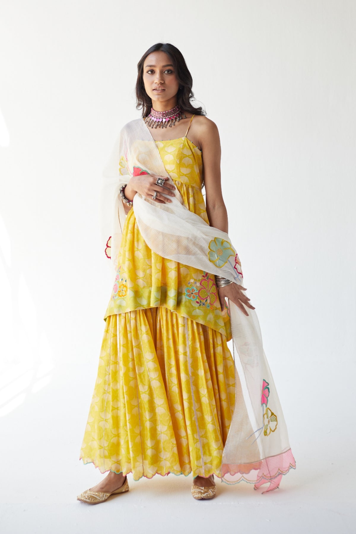 Yellow puckering kurta gharara set