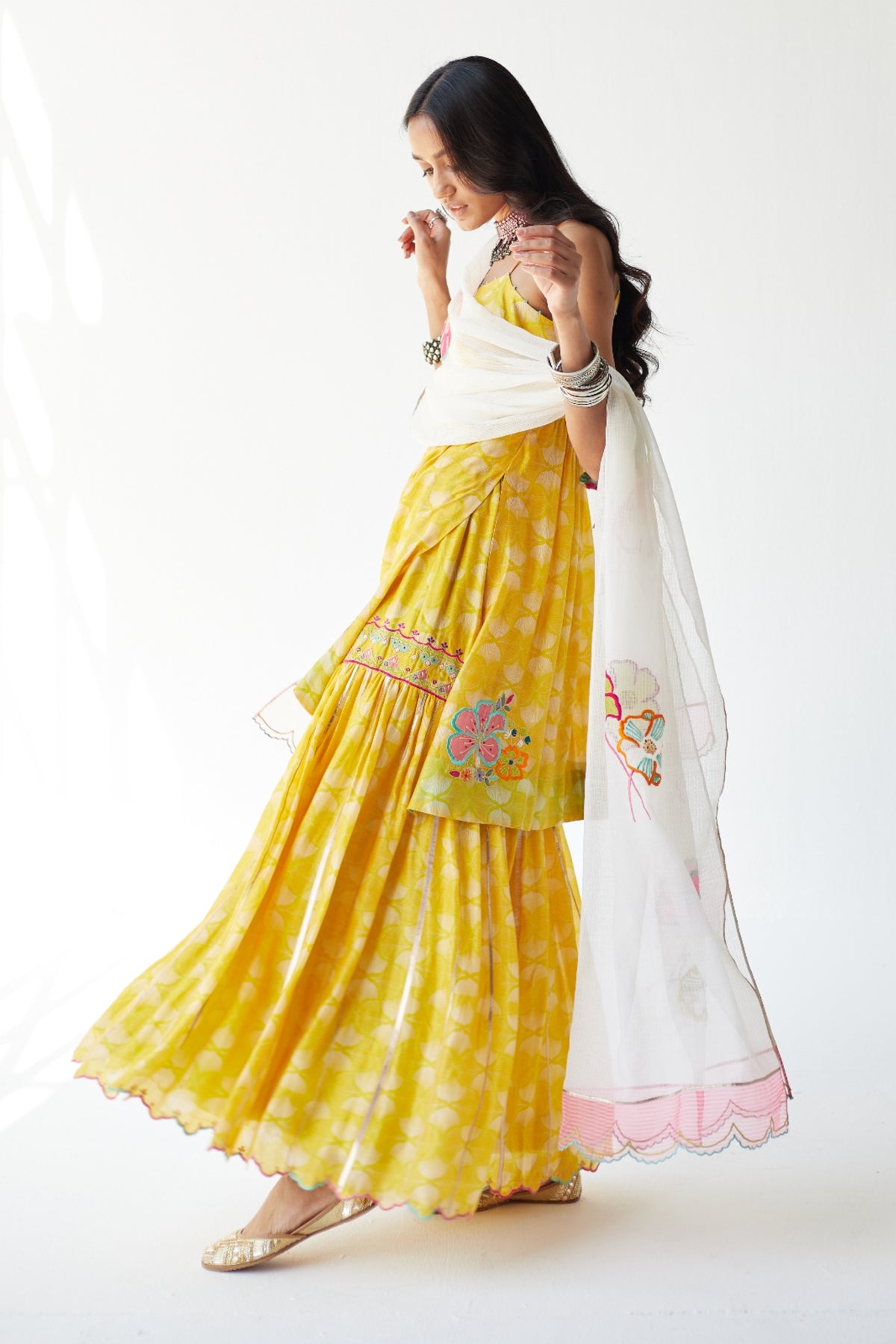 Yellow puckering kurta gharara set