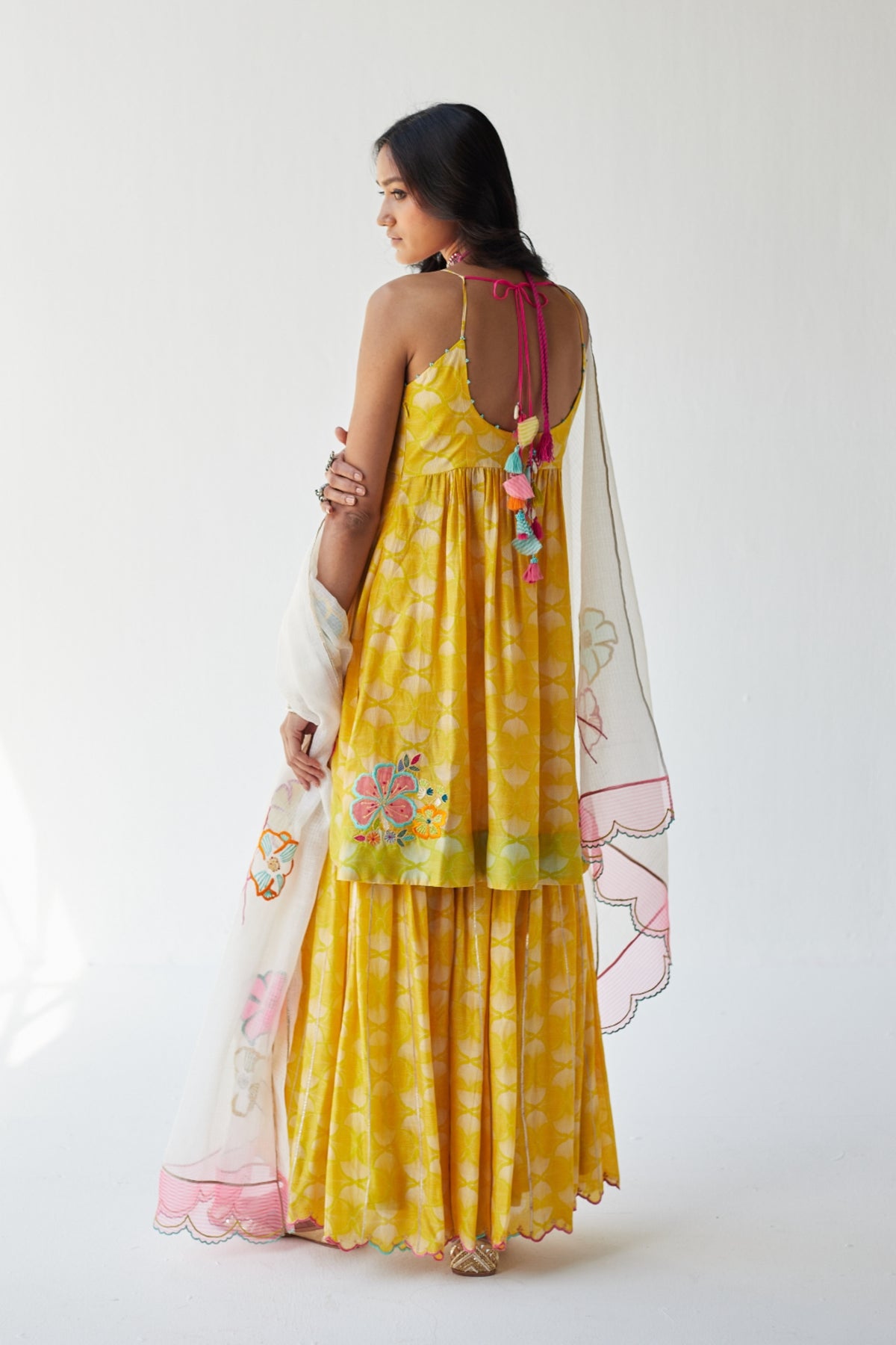 Yellow puckering kurta gharara set