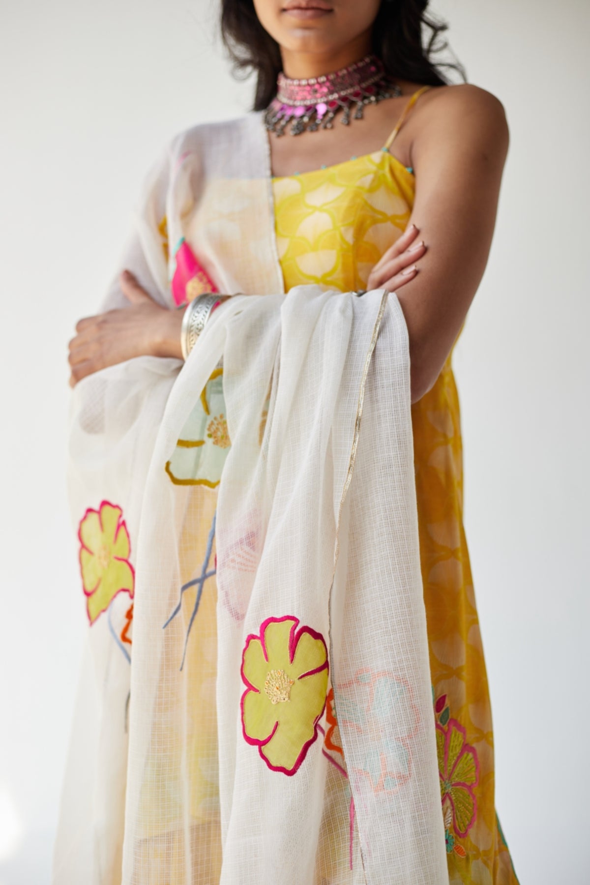 Yellow puckering kurta gharara set