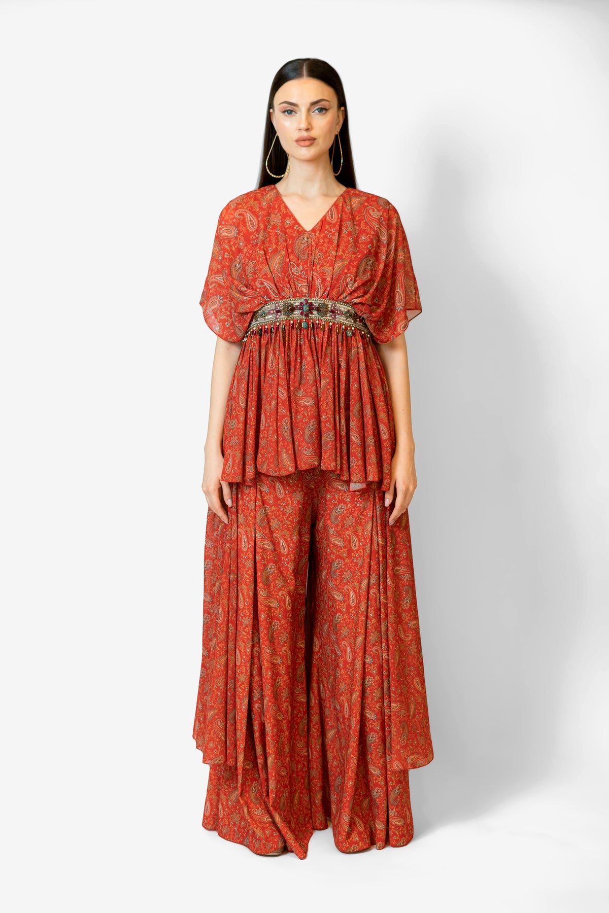Red Printed High Low Cape Set