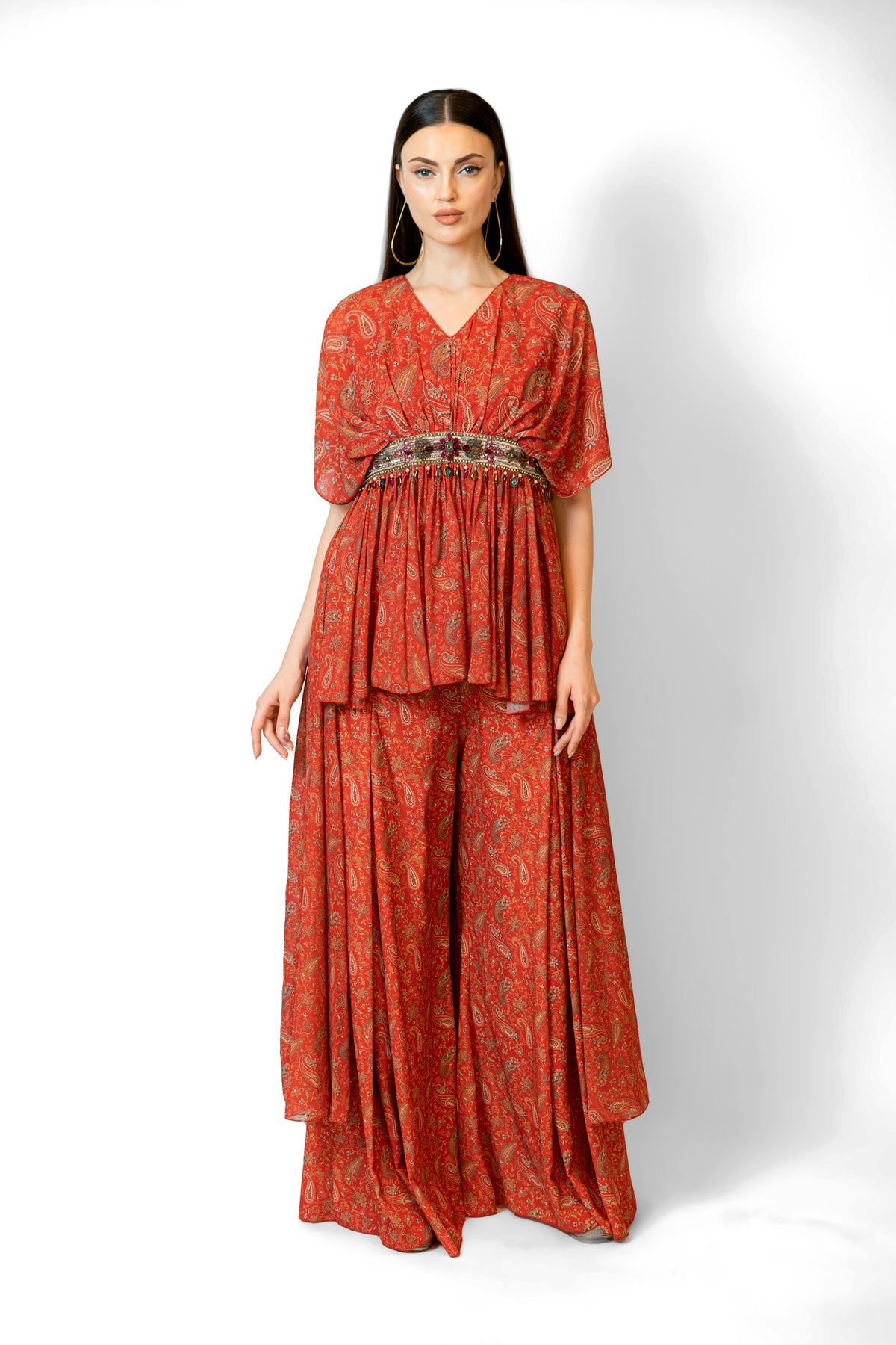 Red Printed High Low Cape Set