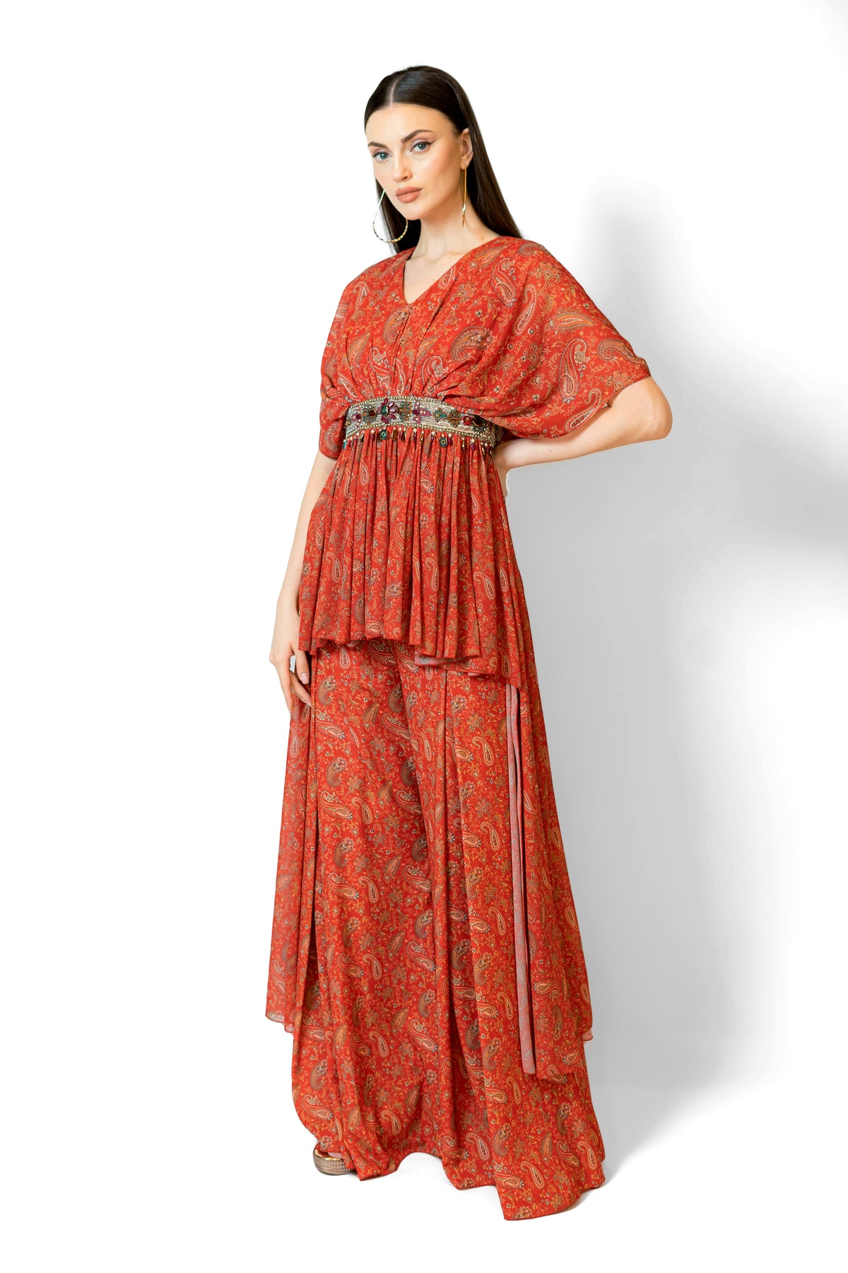Red Printed High Low Cape Set
