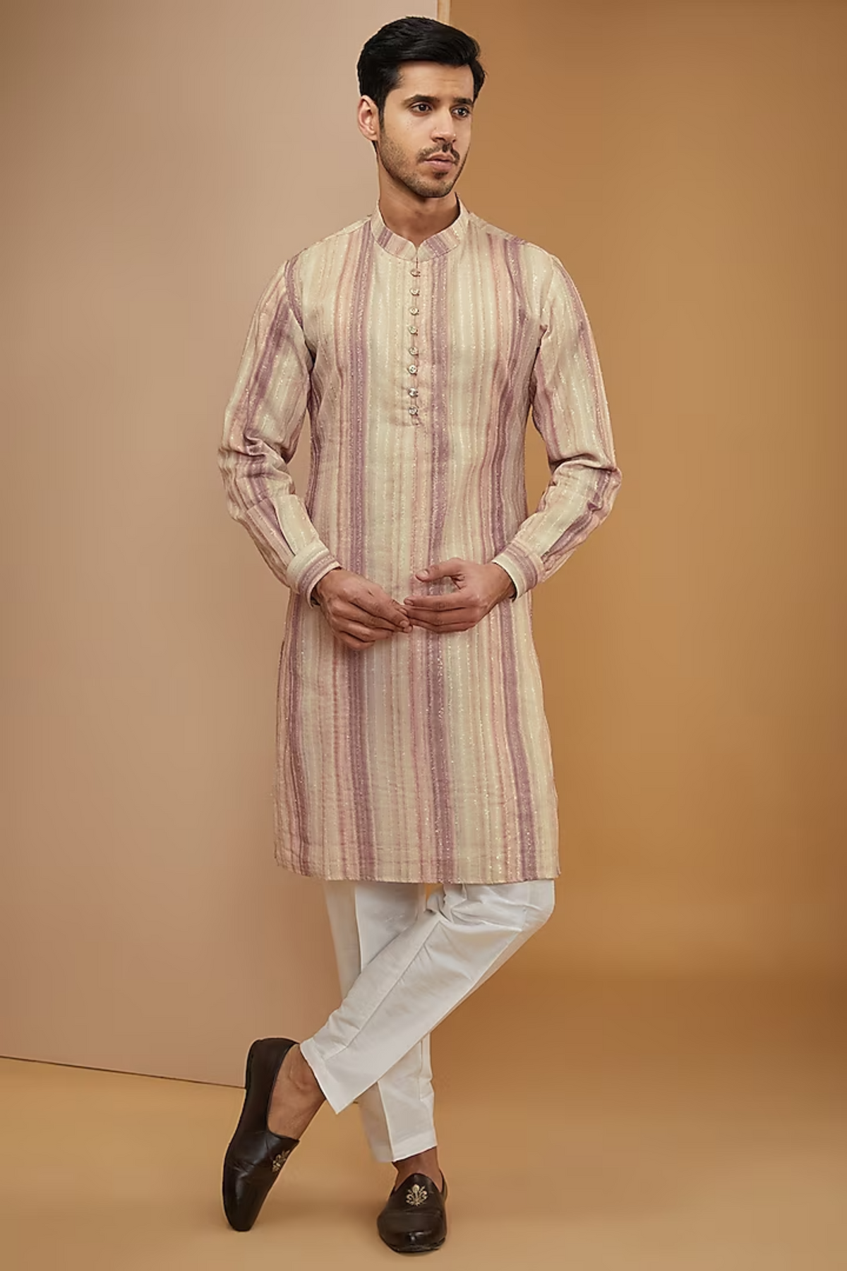 Multi Colour Striped Resham Kurta Set