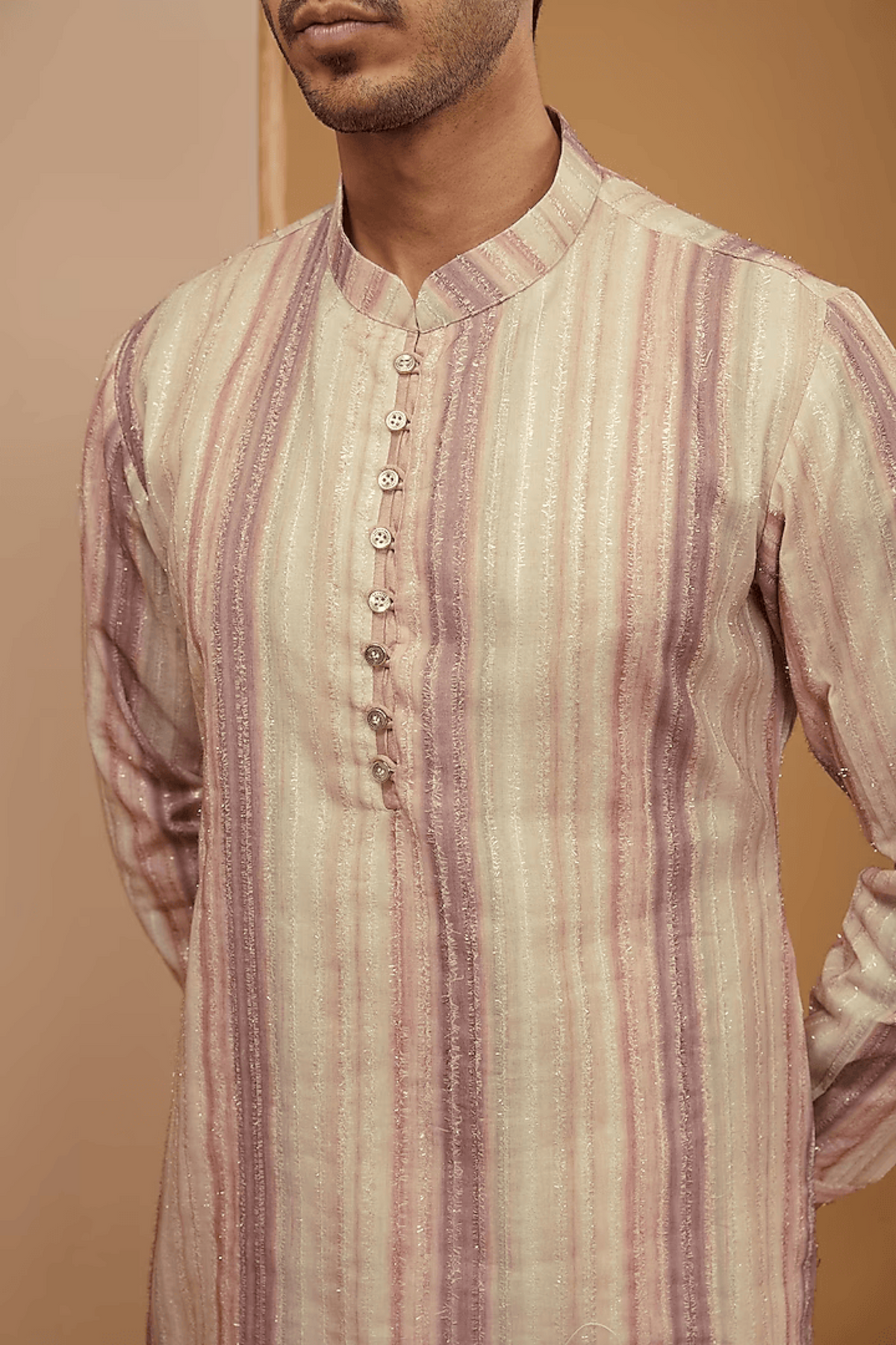 Multi Colour Striped Resham Kurta Set