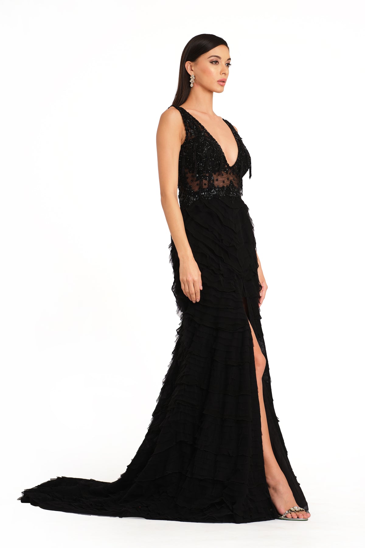 Embroidered Gown With Frill Detailing