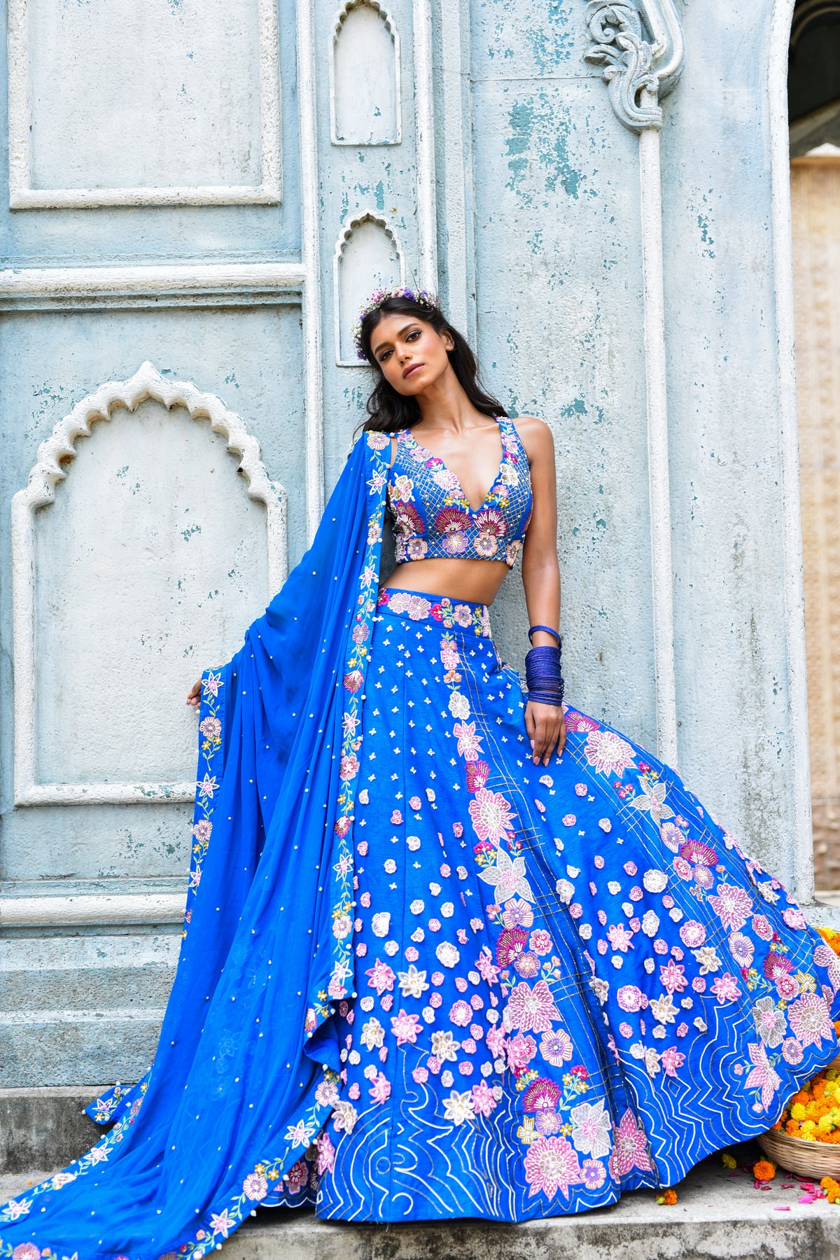 Applique 3d Blue Lehenga Set