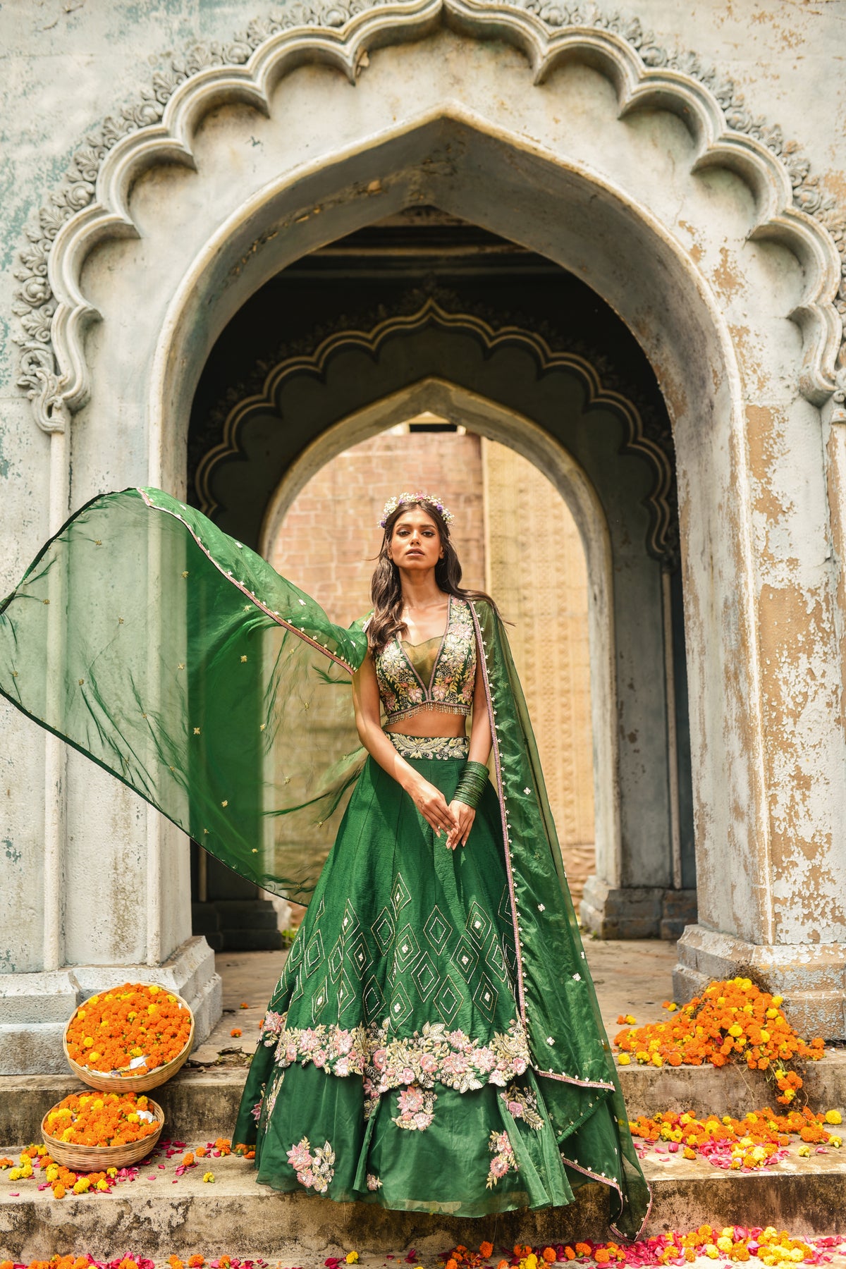 Dark Green Tired Lehenga Set