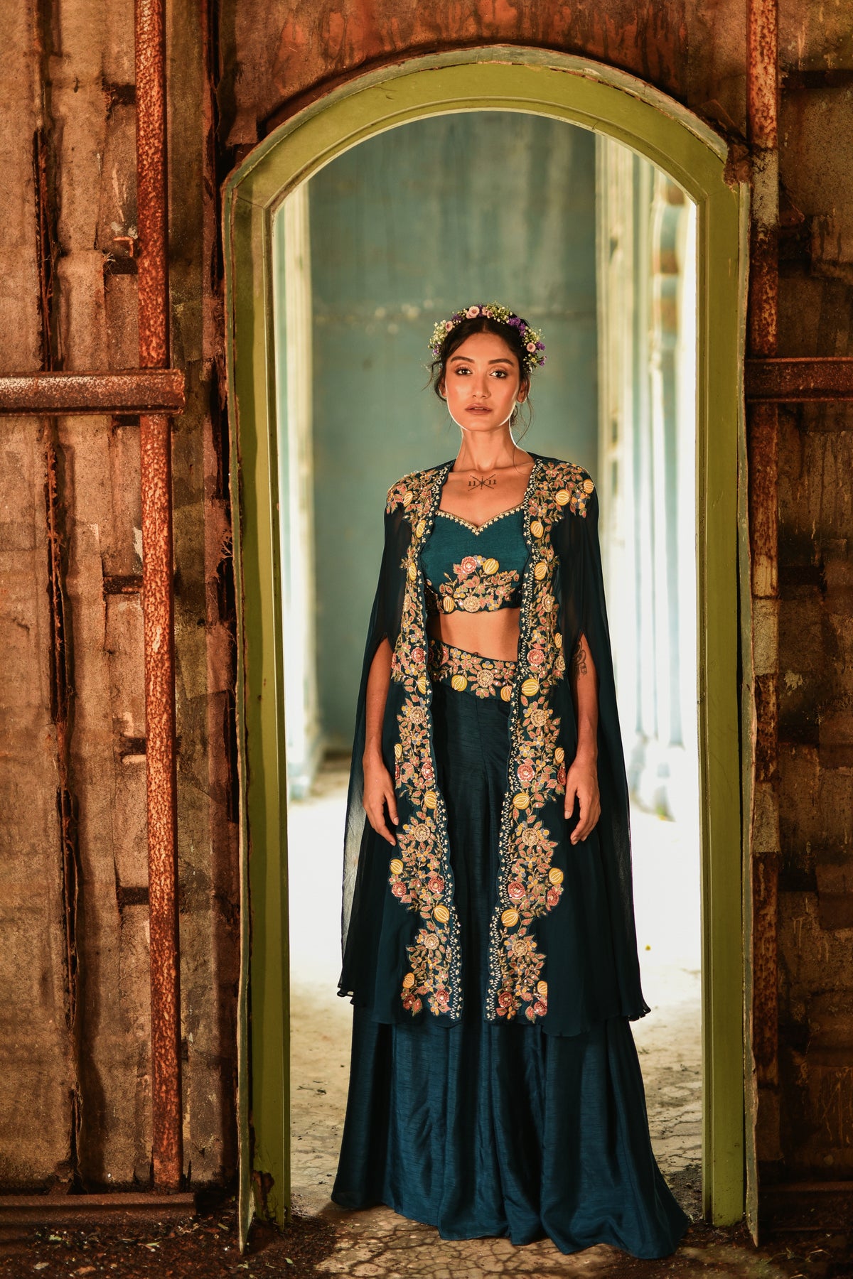 Teal Floral Crop Top Set