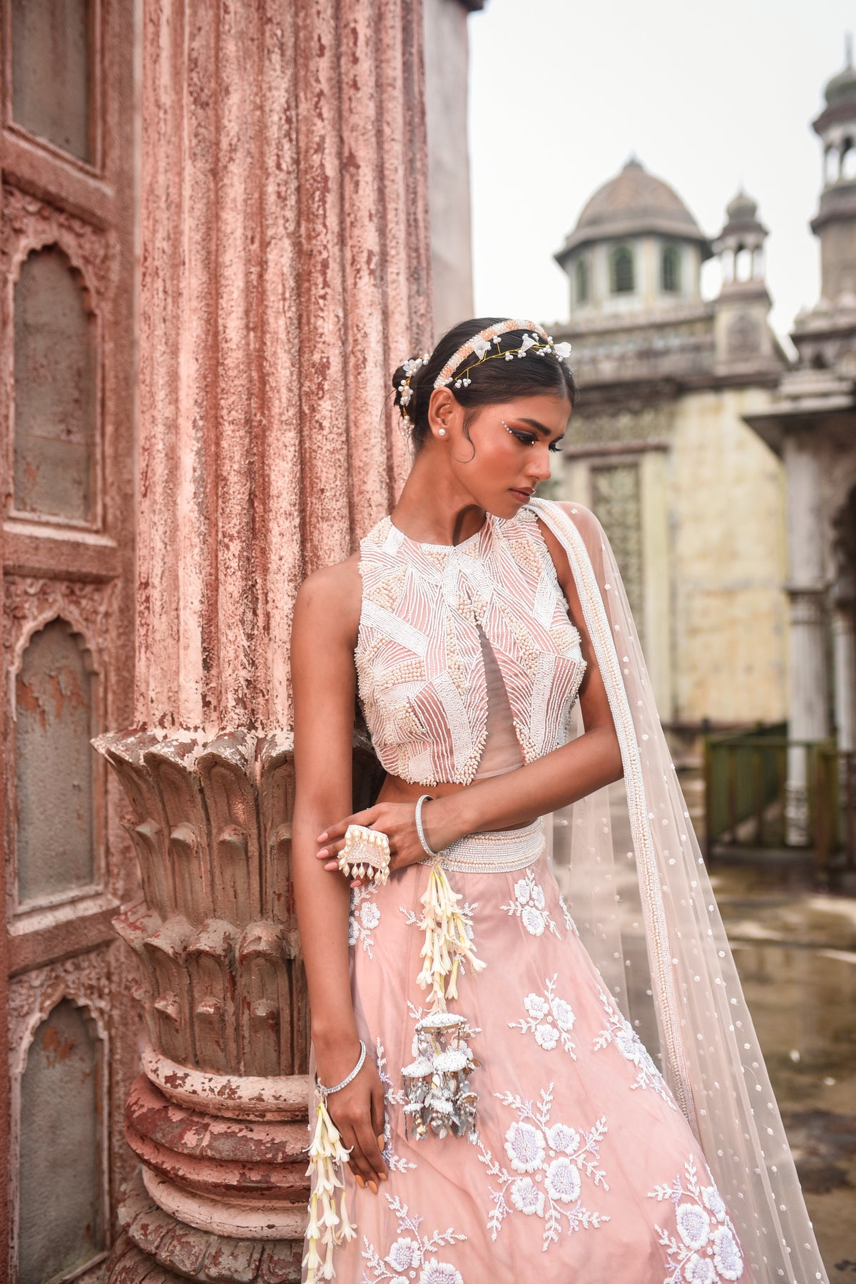 Peach Organza Lehenga Set