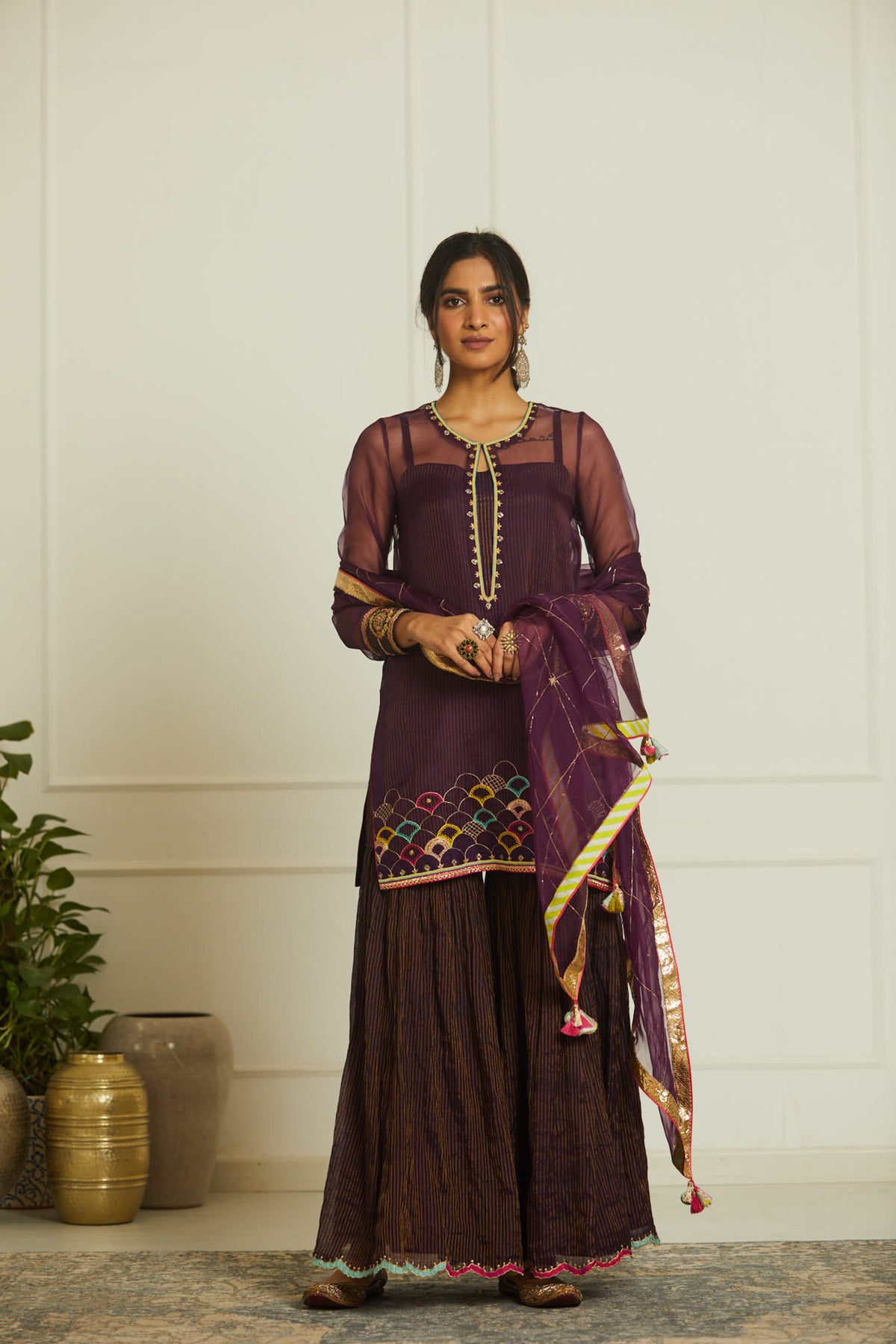 Purple organza payala  gharara set