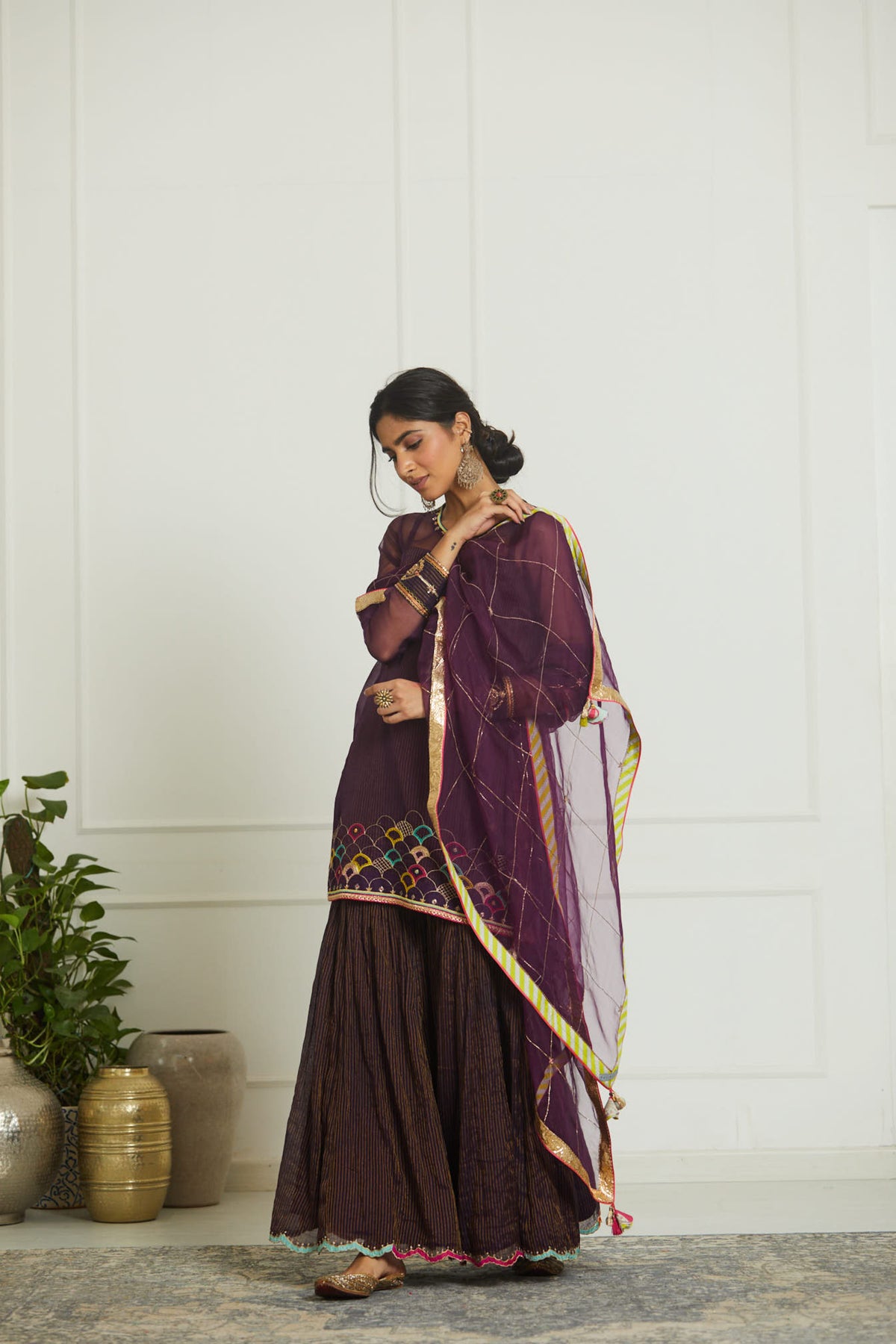 Purple organza payala  gharara set