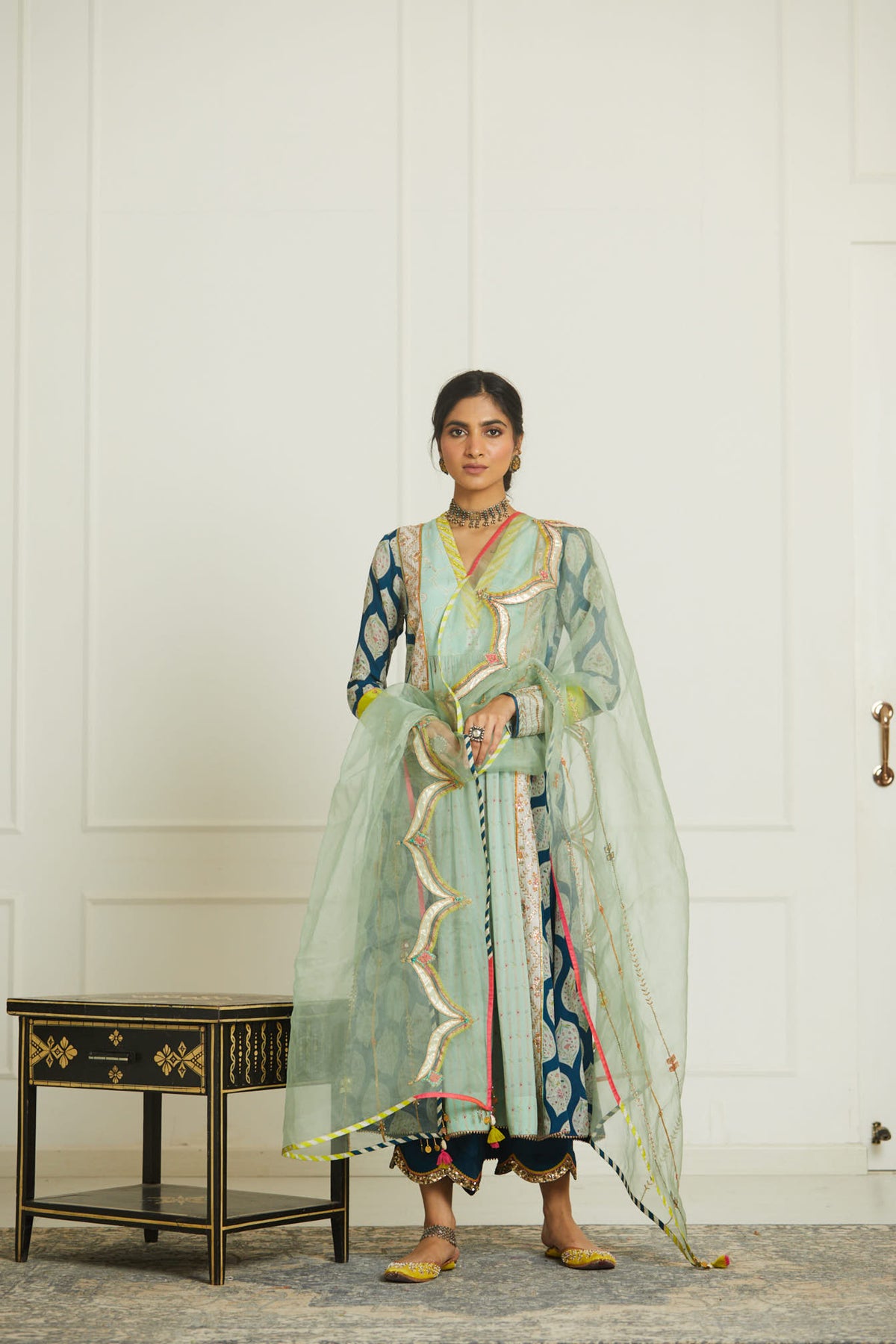 Teal blue panel kurta set