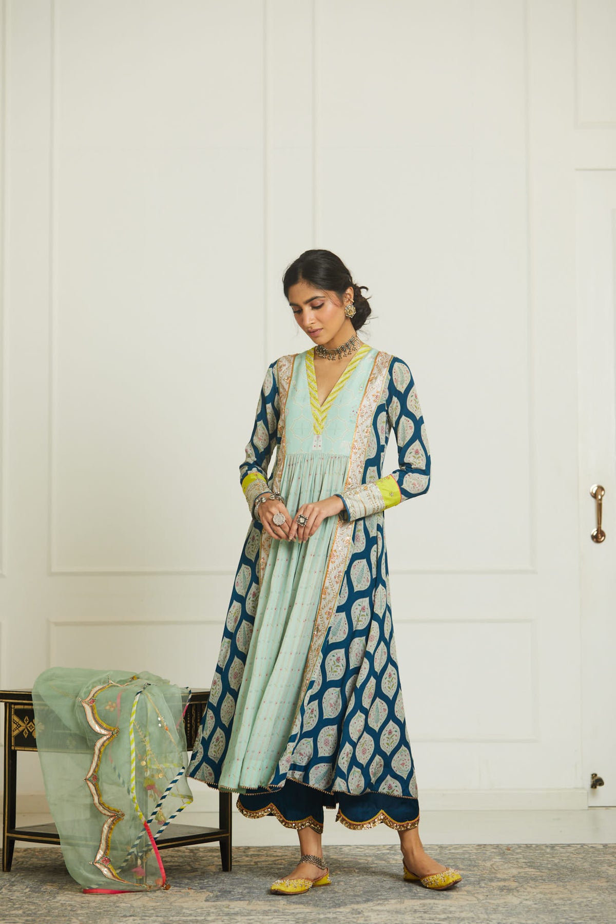 Teal blue panel kurta set