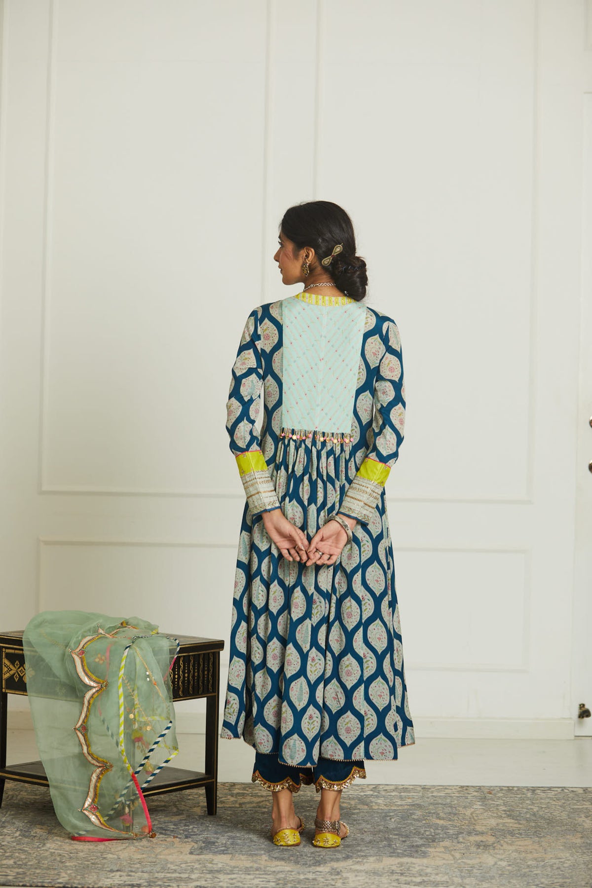 Teal blue panel kurta set