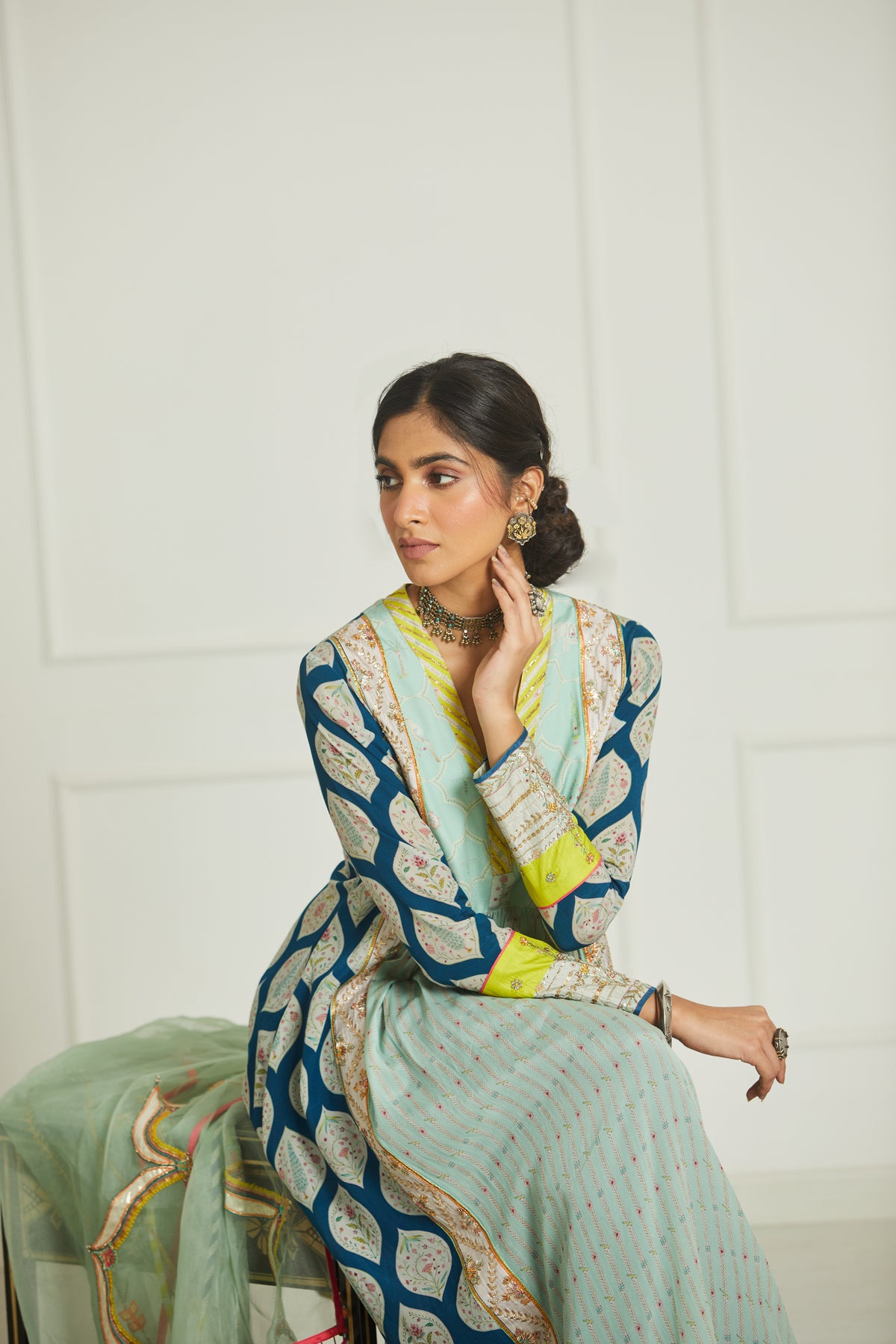 Teal blue panel kurta set