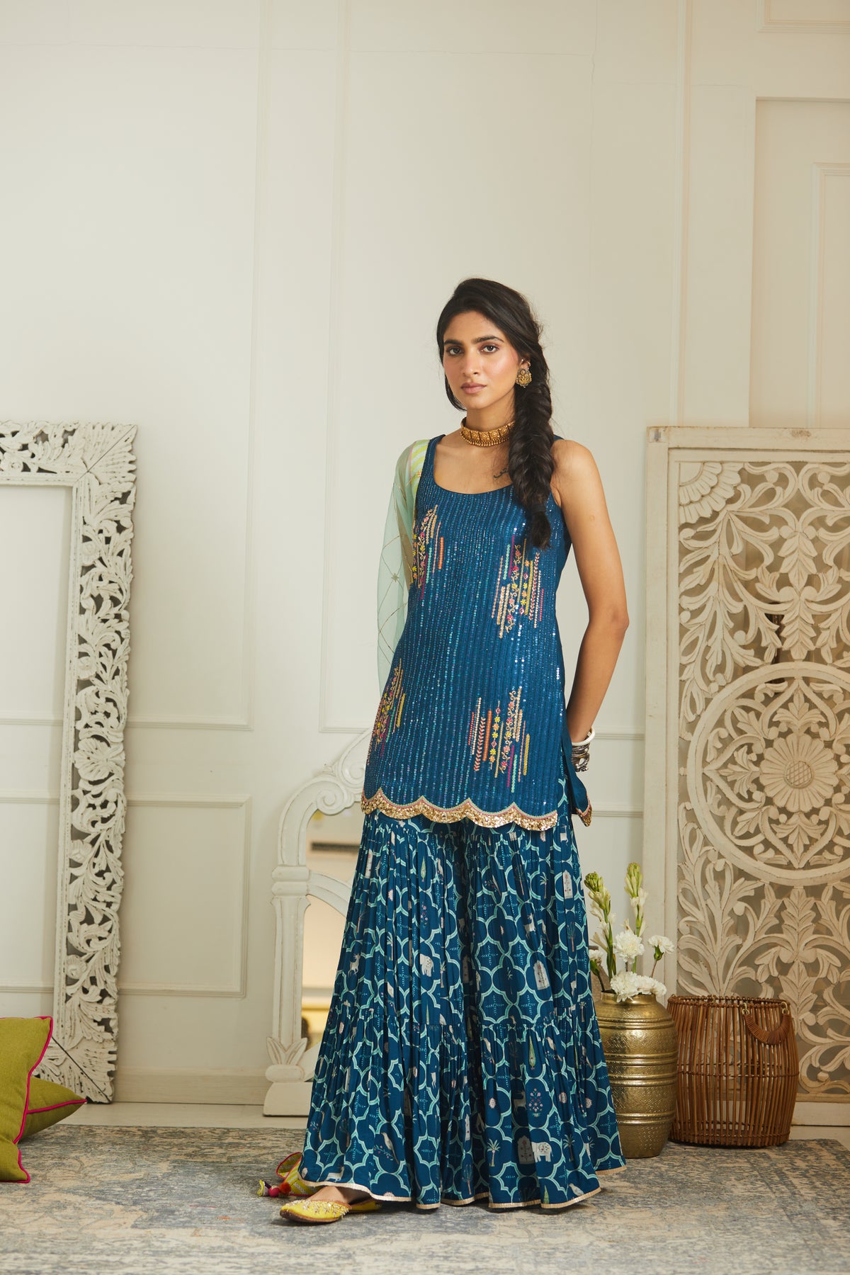 Teal blue sequin gharara set