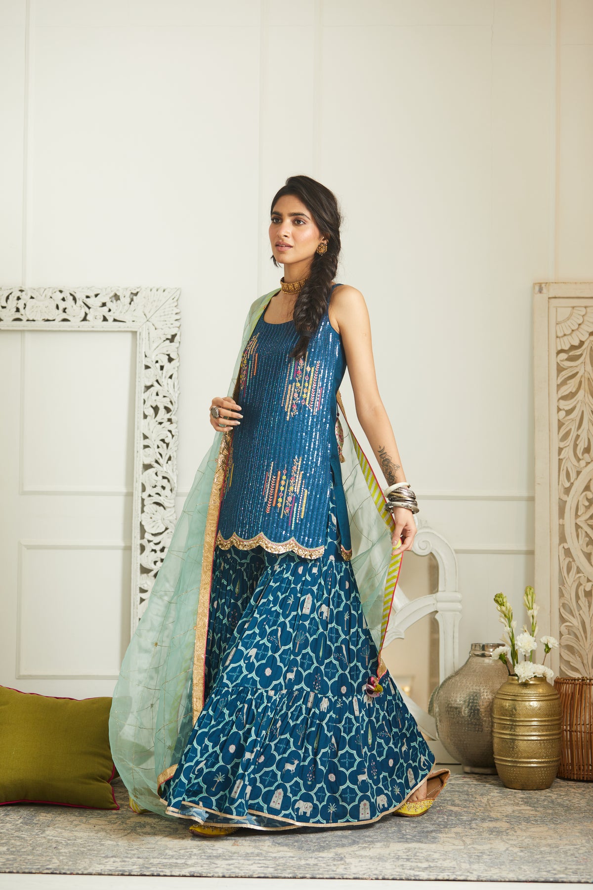 Teal blue sequin gharara set