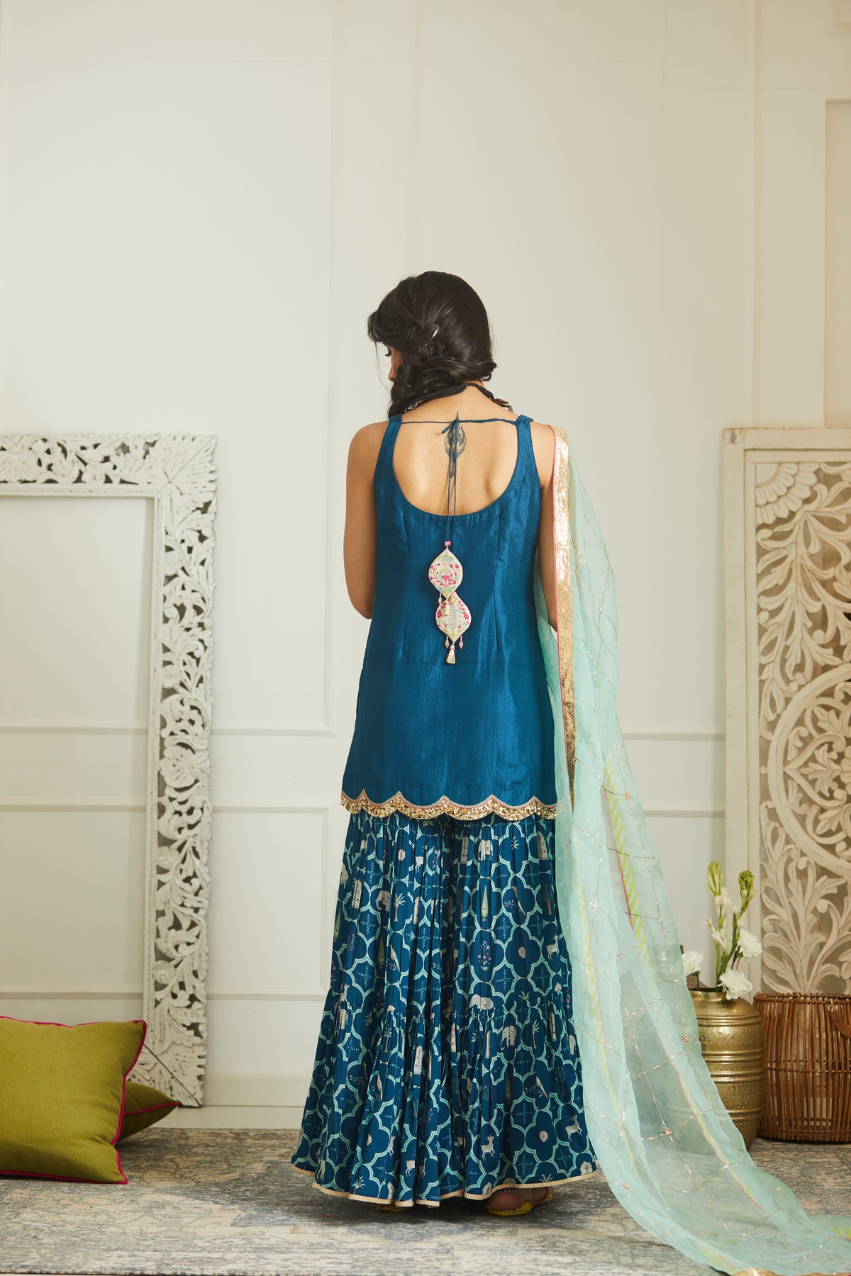 Teal blue sequin gharara set