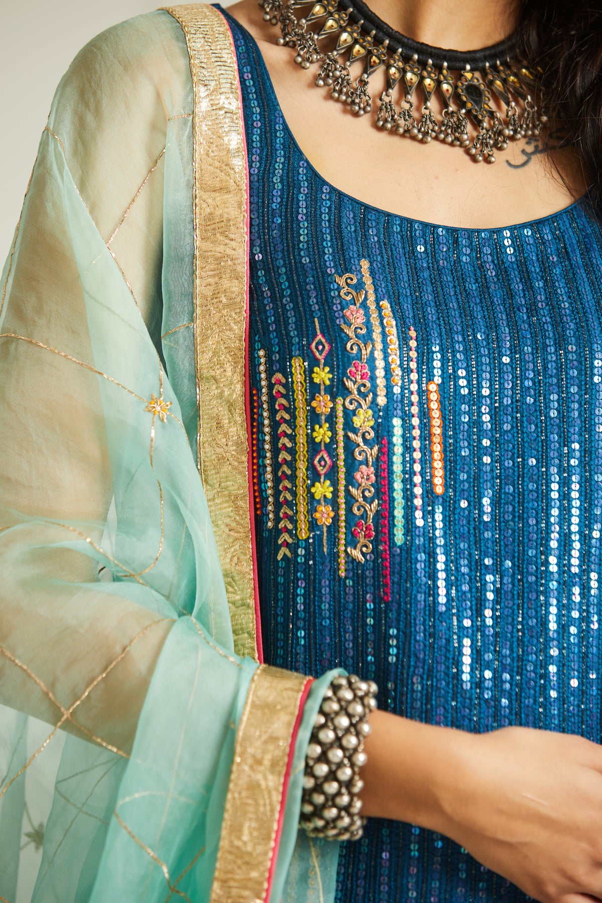 Teal blue sequin gharara set