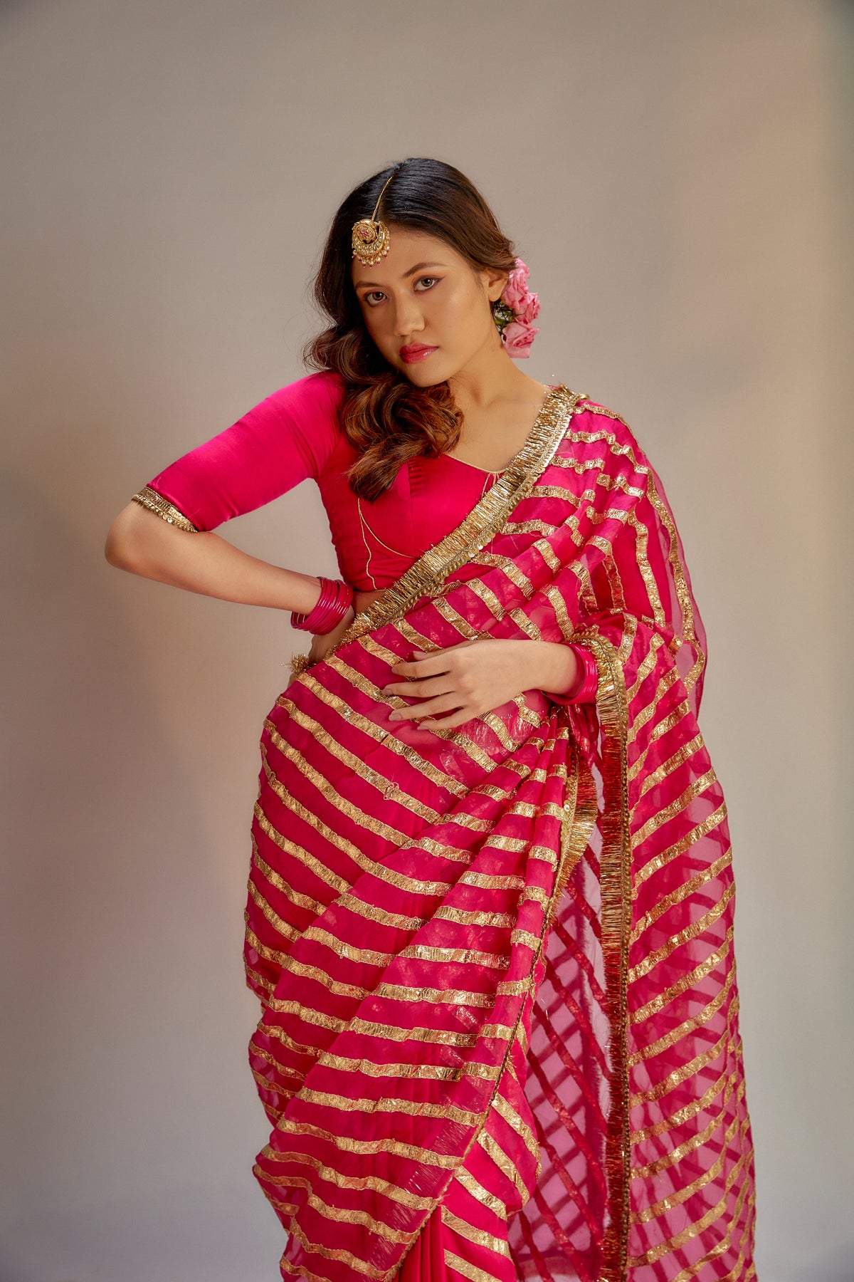 Rani pink gota saree