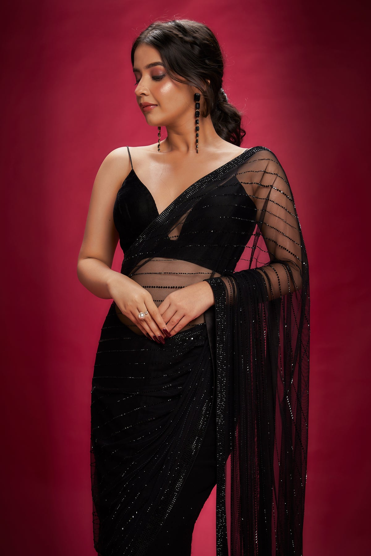 Black stonned saree