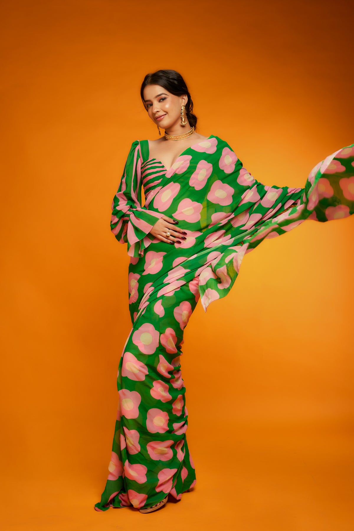 Pink green floral printed saree