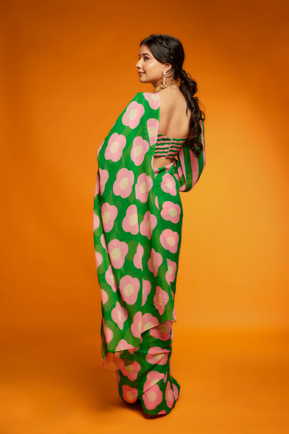 Pink green floral printed saree