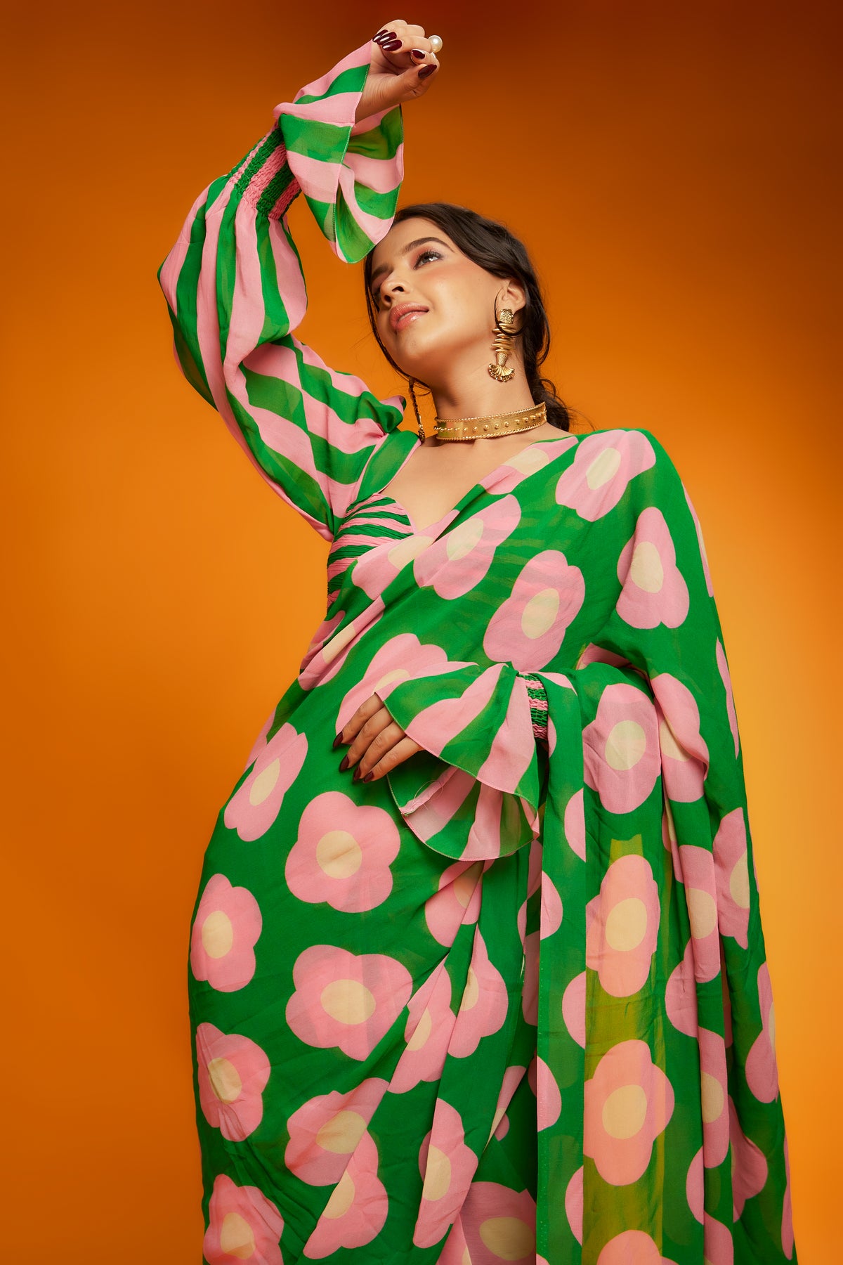 Pink green floral printed saree