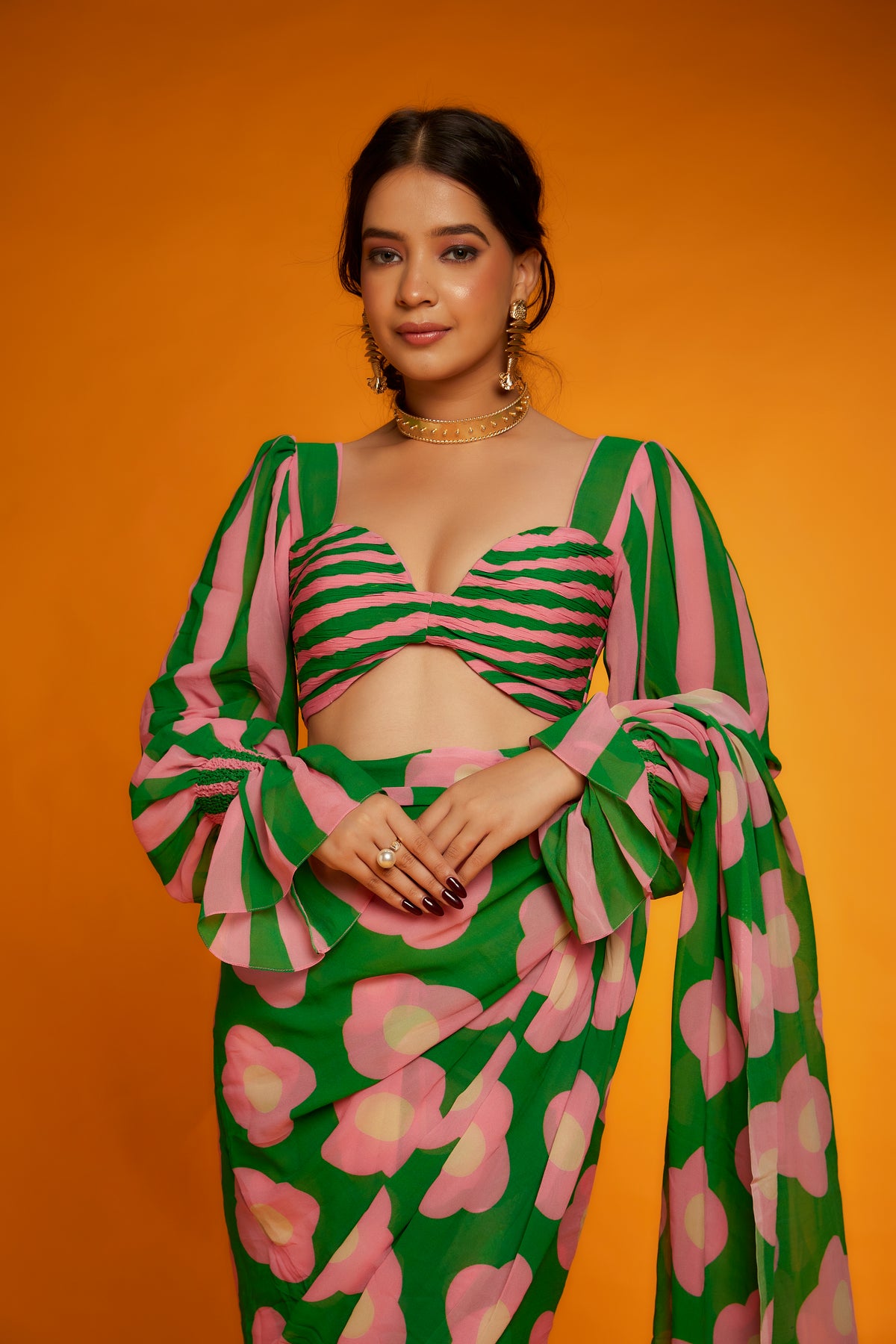 Pink green floral printed saree