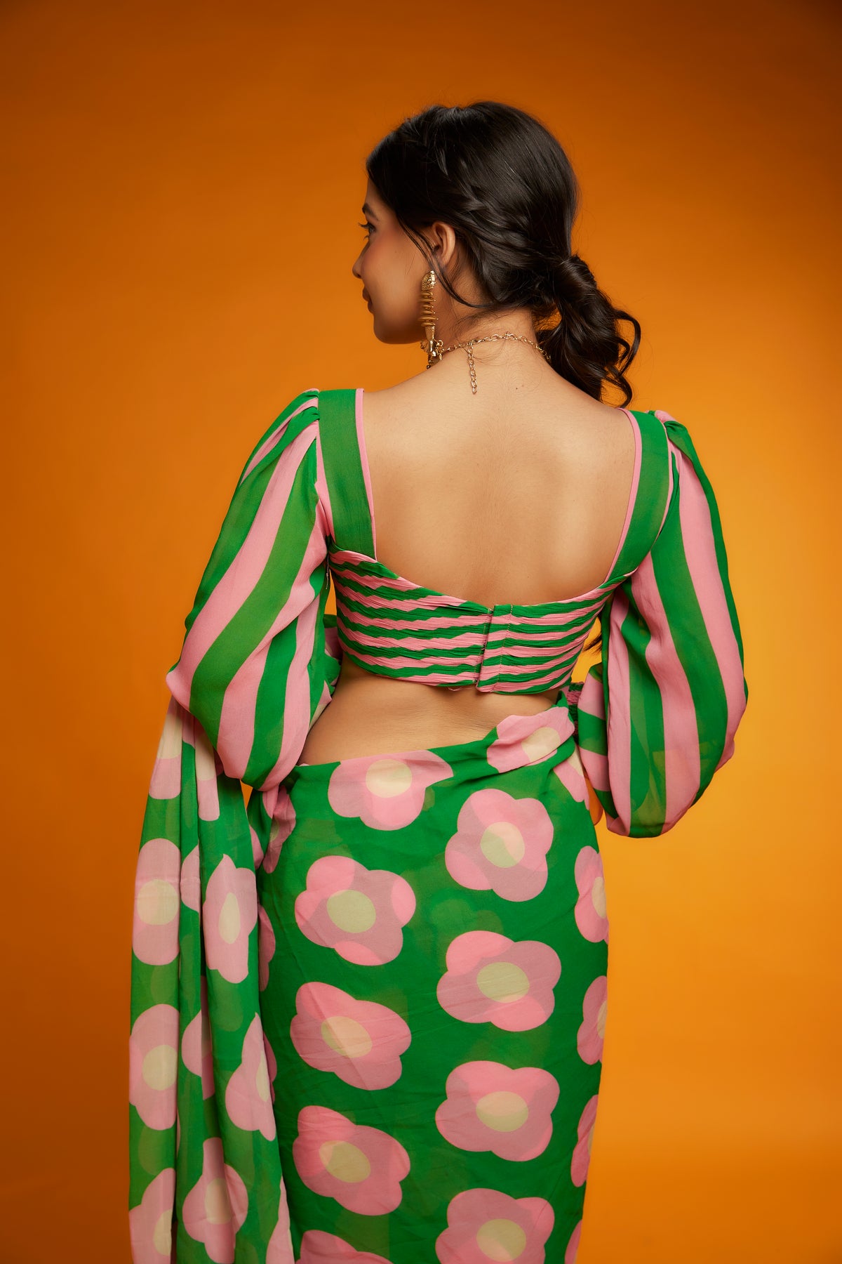 Pink green floral printed saree