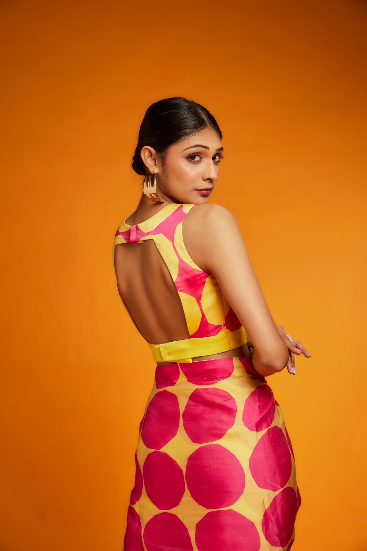 Pink yellow polka printed saree