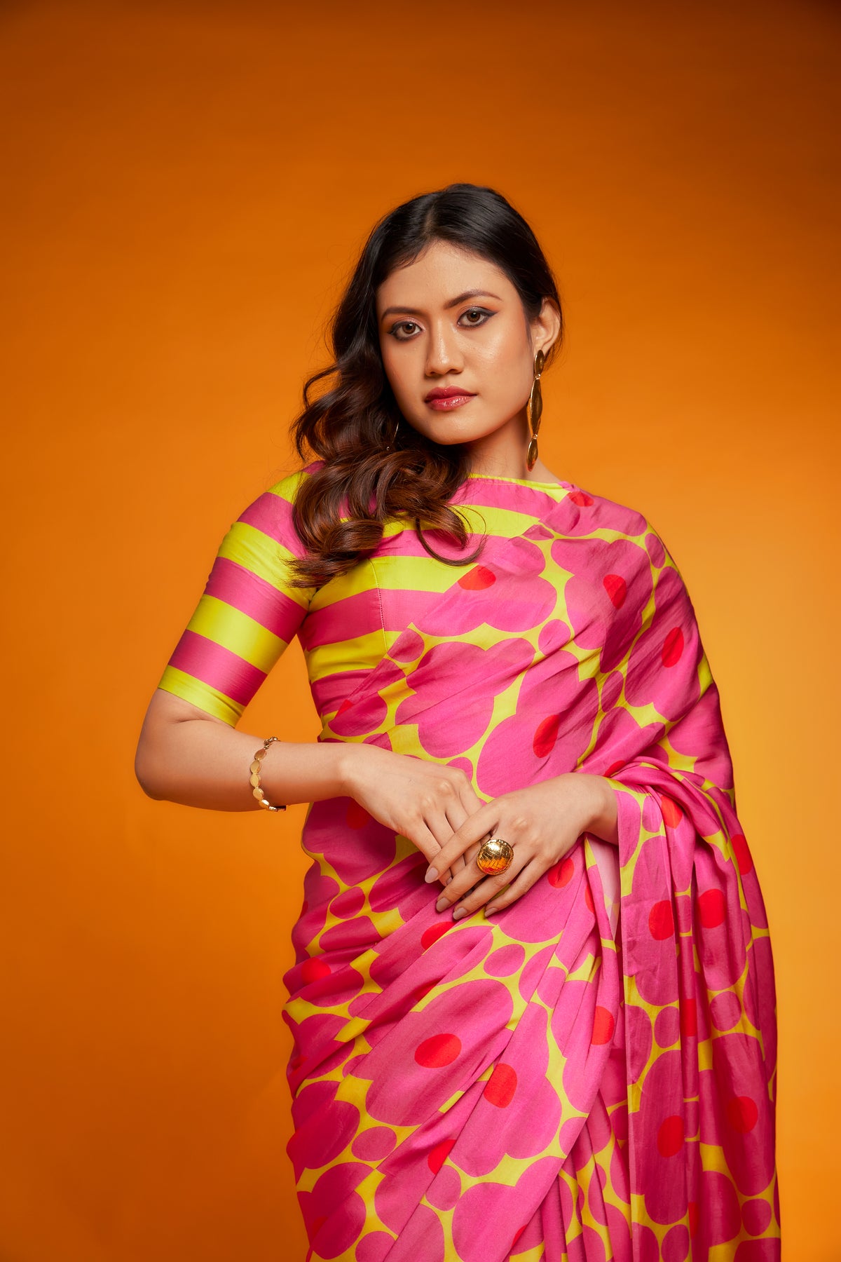 Pink yellow floral printed saree