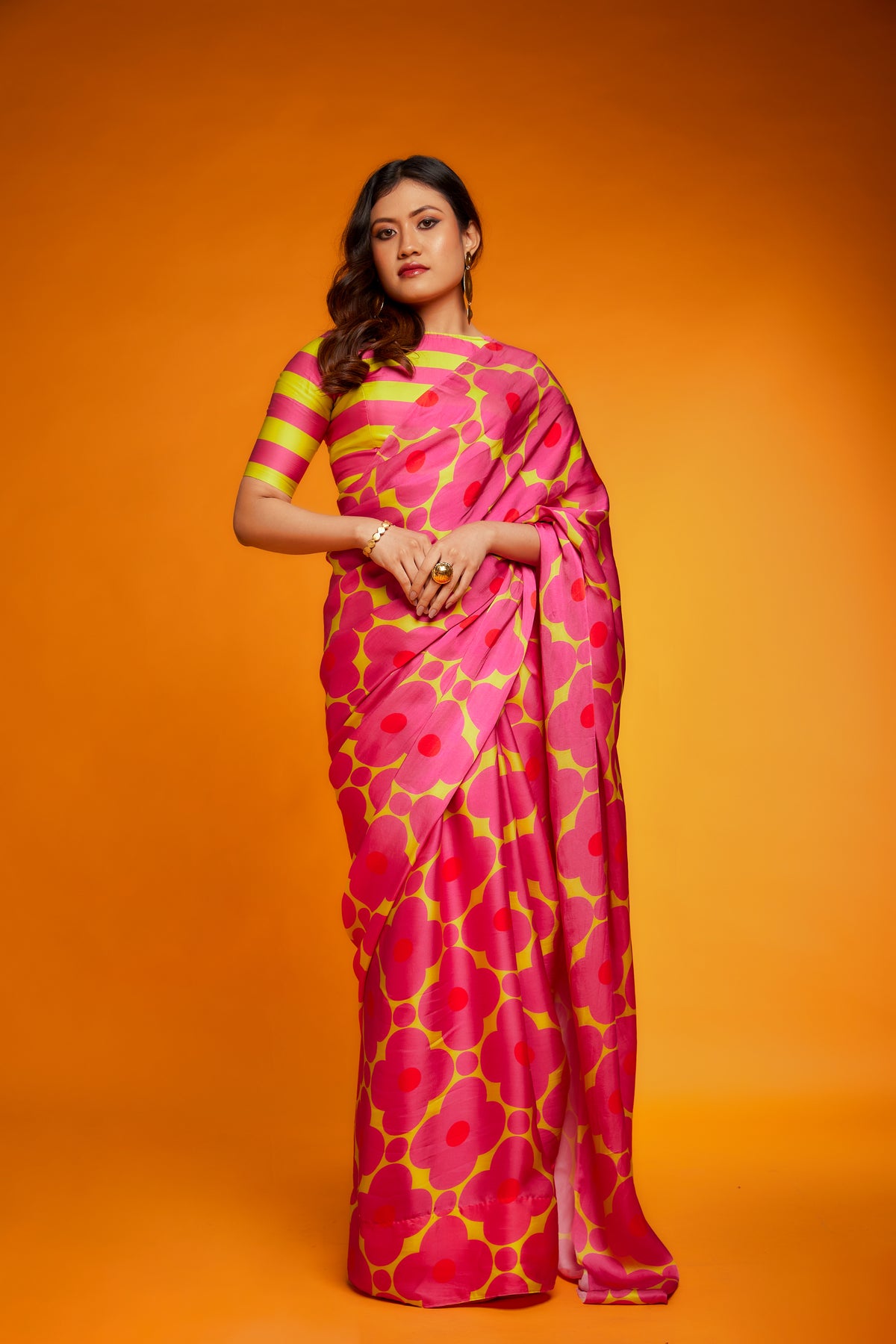 Pink yellow floral printed saree