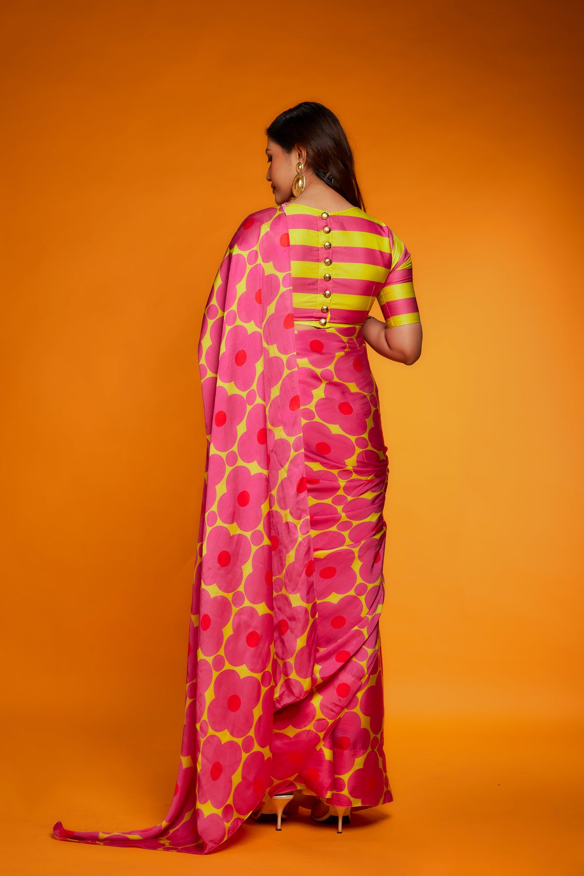 Pink yellow floral printed saree