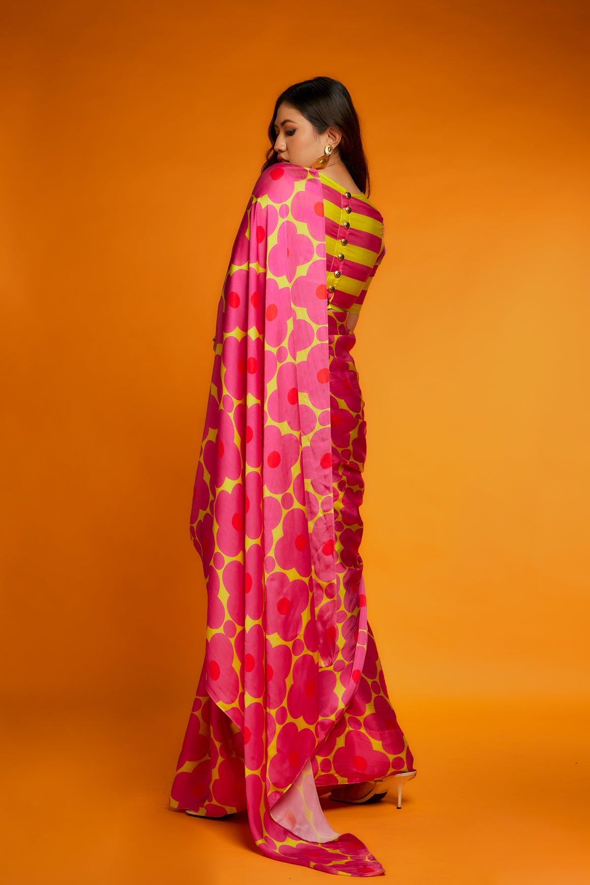 Pink yellow floral printed saree